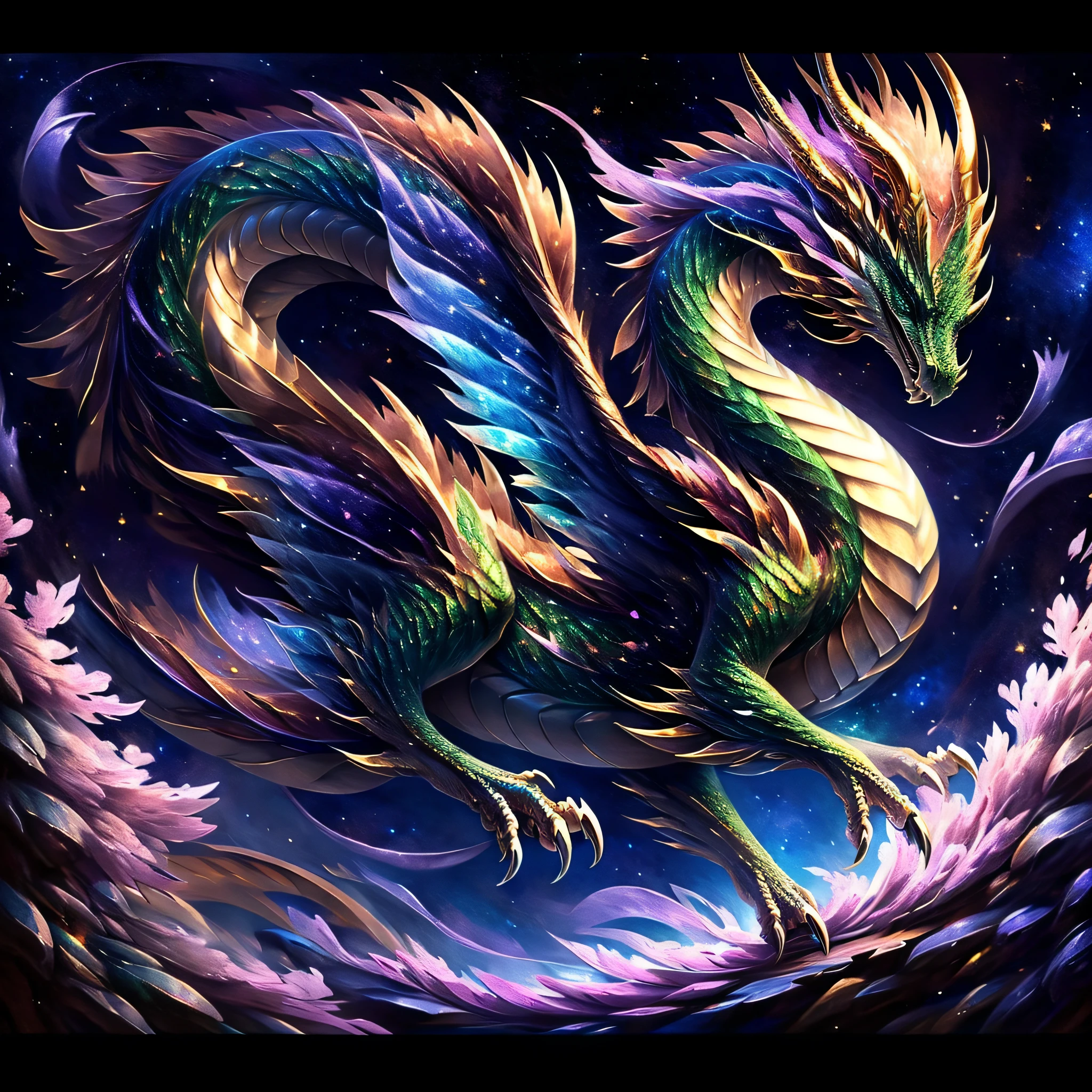 (Realistic,Ultra-detailed:1.37) In the starry night sky, Solo Wooden Dragon Soars Gracefully, Its emerald scales shimmer in the moonlight. Sakura petals dancing and hovering around, Creating a surreal atmosphere. Moving through the sky. The intricate and delicate details of the wooden structure of the body are emphasized, Capture Every Curve and Line. The colors are bright and lively, Can be seen in full, with rich emerald shades of scales, Contrast with darkness, Star-studded sky. The artist's attention to detail is astounding, Each scale is meticulously crafted, to create a realistic texture. The scene exudes a sense of magic and wonder,.