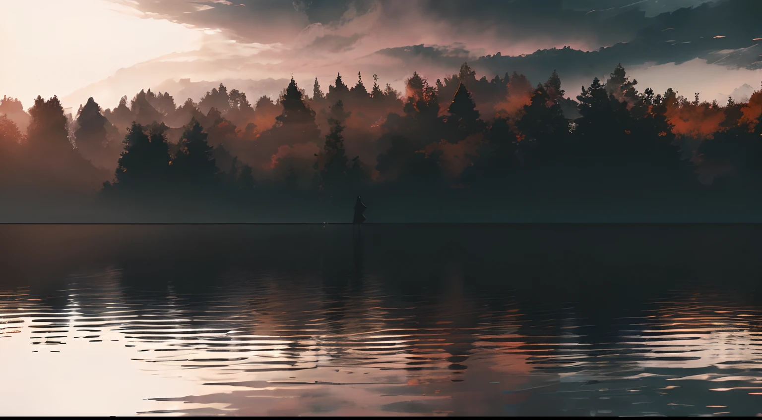 anime, (silhouette:1.2) ,1girl, sienna color forest ambience, sienna foggy, (sienna theme color:1.2), (hex color #A0522D)