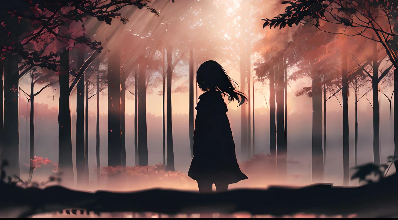 anime, (silhouette:1.2) ,1girl, sienna color forest ambience, sienna foggy, sunset, (sienna theme color:1.2), (hex color #A0522D)