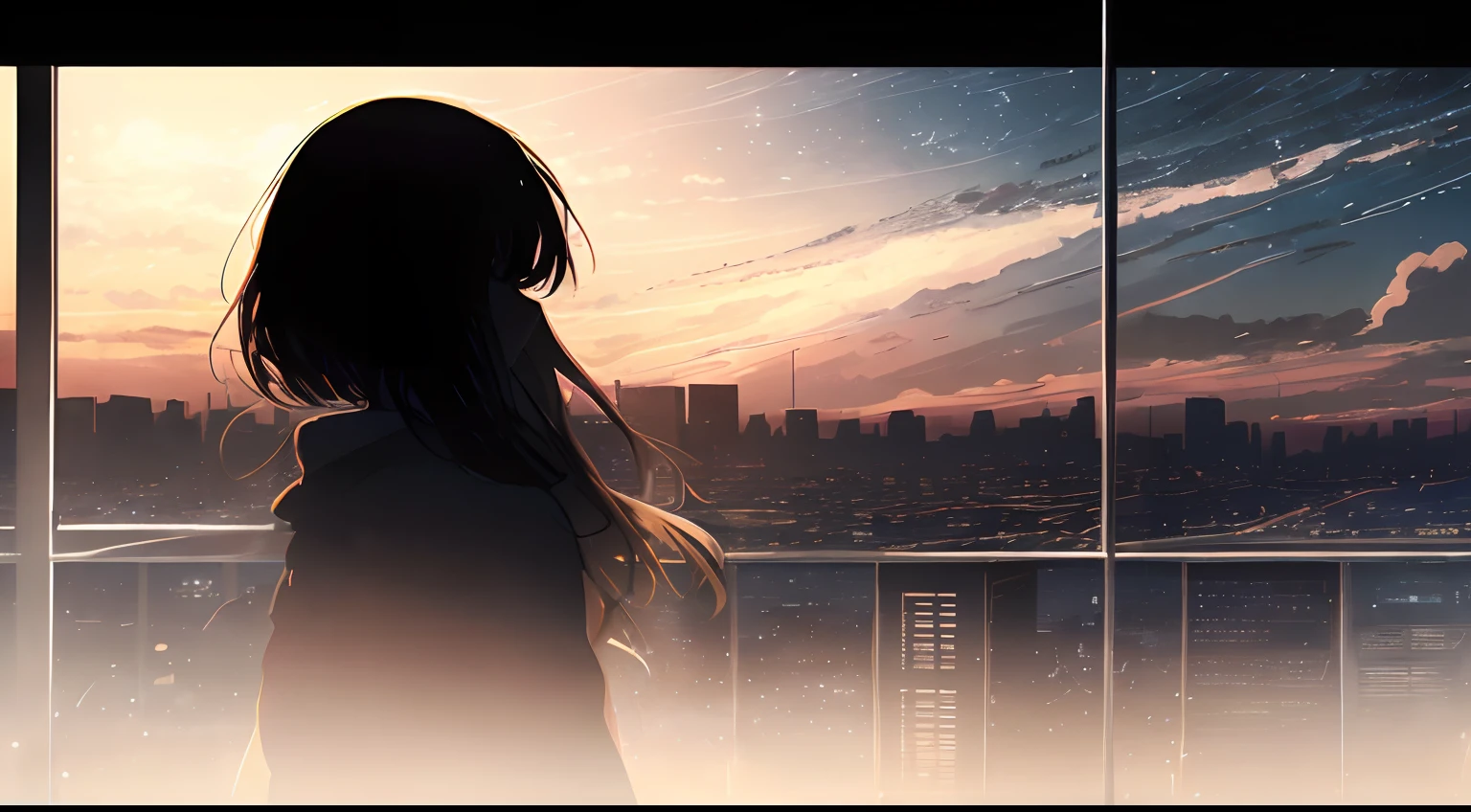 anime,silhouette,1girl, star (sky), cloud, cityscape, building, city, outdoors, skyscraper, city lights, night, night sky, sunset, skyline, (sienna theme color:1.2), (hex color #A0522D)