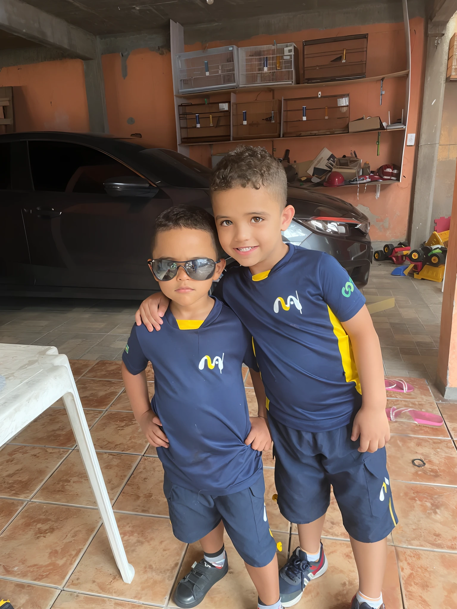 two young boys in matching blue shirts and sunglasses standing in a garage, ???, mateus 9 5, by Nándor Katona, boys, mohamed reda, ronaldo luis nazario da lima, by Emerson Silva, ronaldo nazario fenomeno, edon guraziu, wearing a school soccer uniform, cute boys, maher morcos, by Milton Menasco