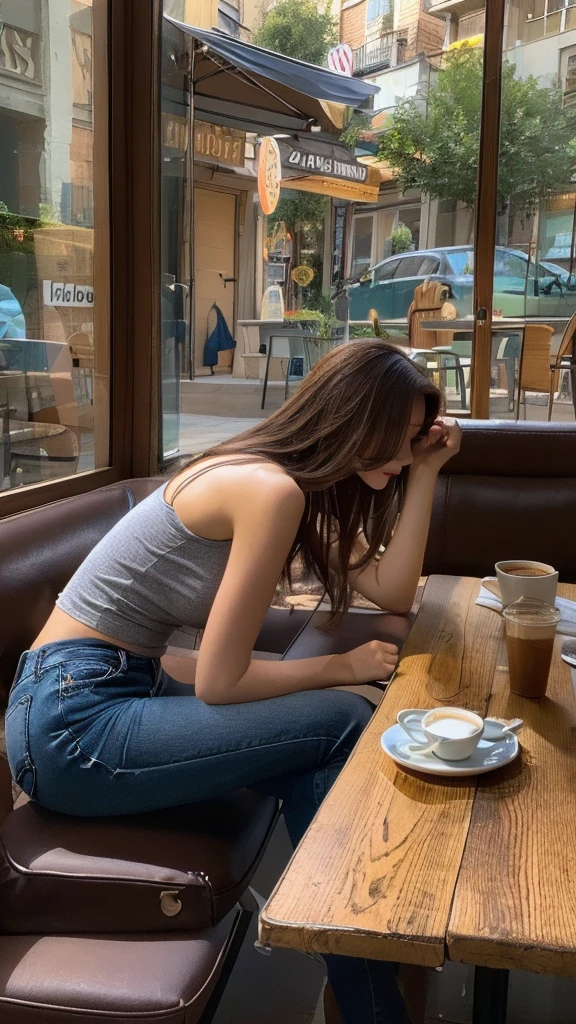 (Realstic, High resolution:1.3), 1 fille avec une silhouette parfaite, Visage et yeux super fins, cheveux longs, tanktop: 1.2 in random colors, Courts en jeans, in a cafe, Coffee on the table, gros seins, exposed cleavage