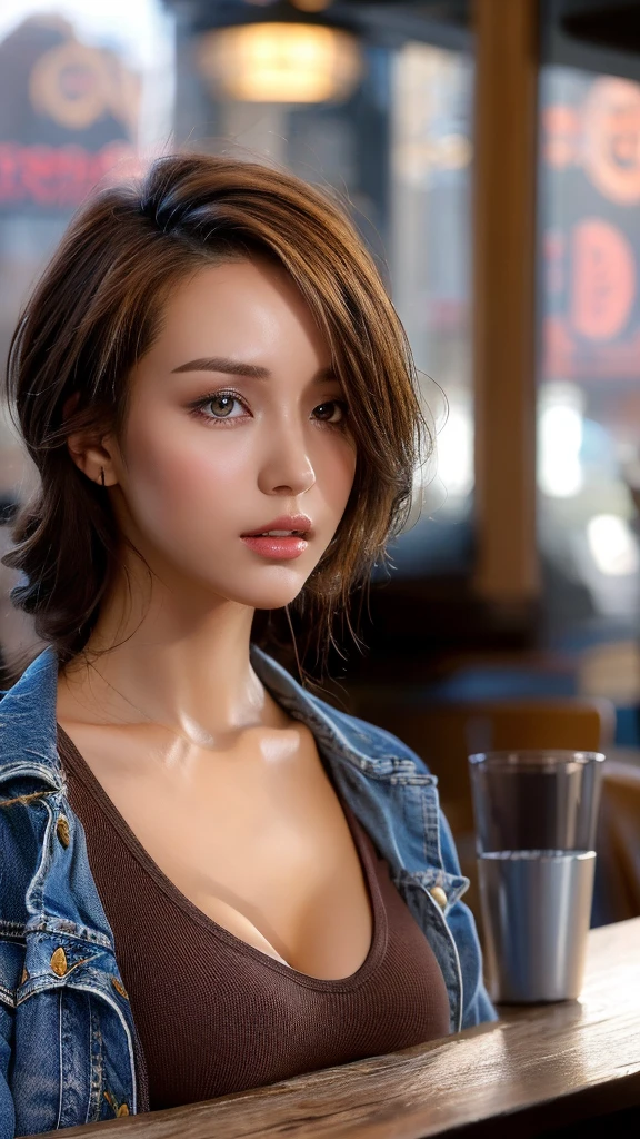 (Realstic, High resolution:1.3), 1 fille avec une silhouette parfaite, Visage et yeux super fins, cheveux longs, tanktop: 1.2 in random colors, Courts en jeans, in a cafe, Coffee on the table, gros seins,  
