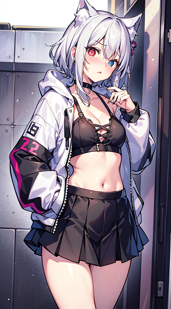 1 girl, Cute girl, ,black_Bra, navel,Hoodie, Silver hair, looks away, embarrassed from, nose blush, ((Blushing)), Open_Mouth, A masterpiece of cleavage, Best quality, A high resolution, Riesfield hair ornament, Heterochromic pupils,white color hair,short detailed hair,cat ear,校服:White jacket,longer sleeves,a black skirt,Thigh boots,Starting below, Hands in pockets