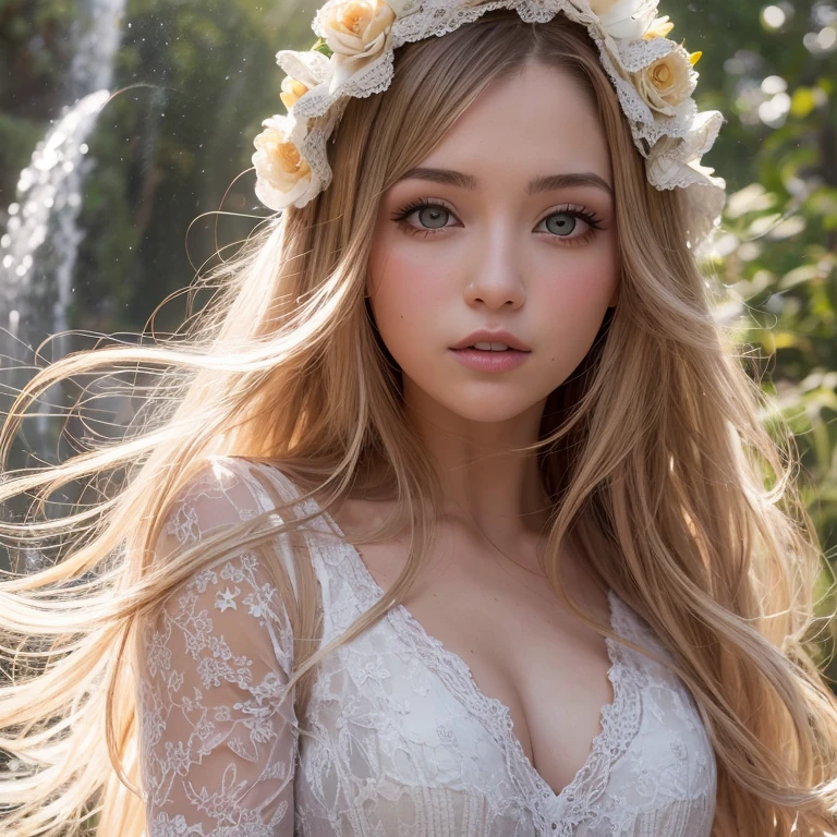 Una chica rubia con un vestido de perlas, su cabello cayendo en cascada por su espalda, un halo de luz alrededor de su cabeza, y un vestido de tela transparente que brilla a la luz.