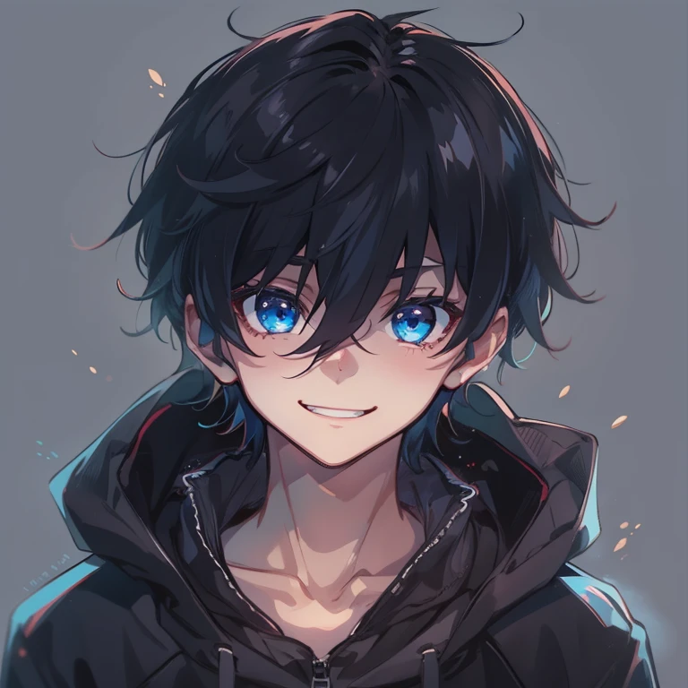 Boy, prepubescent, Male, Blue eyes, face smile, Bright eyes, Medium black hair over the neck, bangs, Boy, cheerfulness, Dark clothes, anime