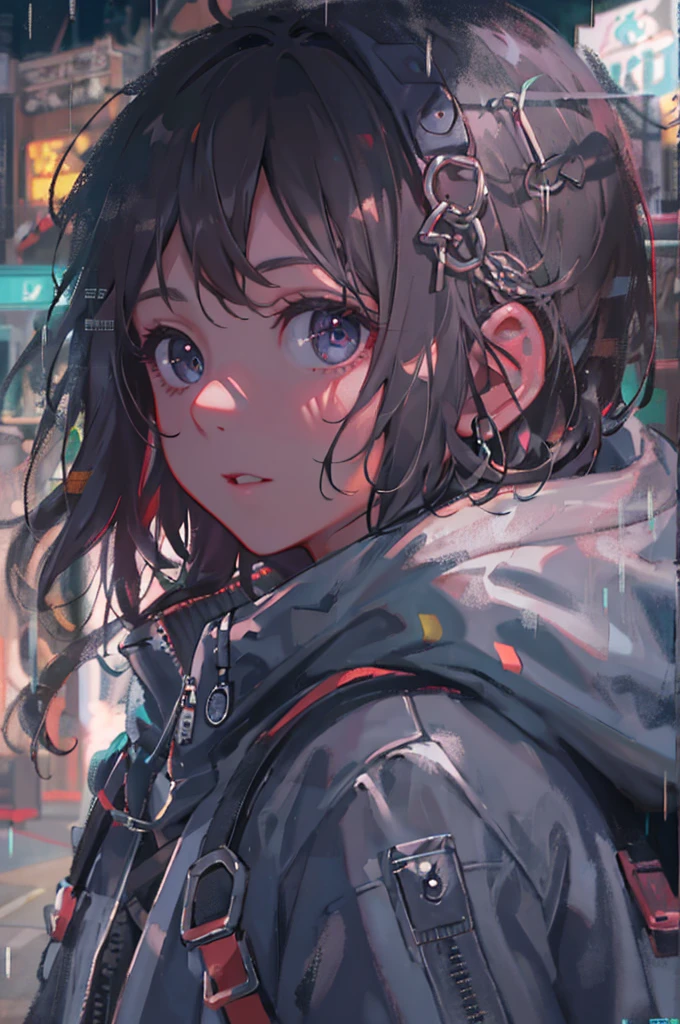 1girl, jacket, rain, outdoor, hoodie, open jacket, chain, backpack, looking at another, messy hair, trending on artstation, 8k resolution, highly detailed, anatomically correct, sharp image, digital painting, concept art, trending on pixiv, style of makoto shinkai,