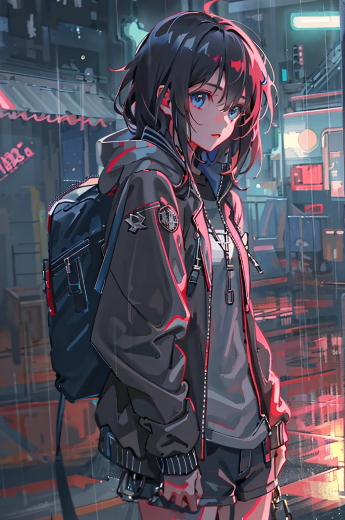 1girl, jacket, rain, outdoor, hoodie, open jacket, chain, backpack, looking at another, messy hair, trending on artstation, 8k resolution, highly detailed, anatomically correct, sharp image, digital painting, concept art, trending on pixiv, style of makoto shinkai,