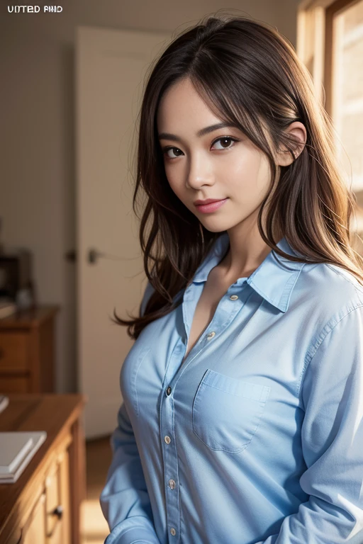 (Super Definition CG Unified 8k Wallpaper), (Masterpiece), (Best Quality), (Super Definition), (Best Illustration), (Best Shadow), Ultra High Definition, (Photorealistic:1.4), 1 Girl at Home, (Super Oversized Shirt, Buttoned Shirt, Open Shirt)), (Man Shirt), No Bra, Clavicle, Big, Big, Big, Big, Look at the viewer, Light smile, Upper body, Makeup,