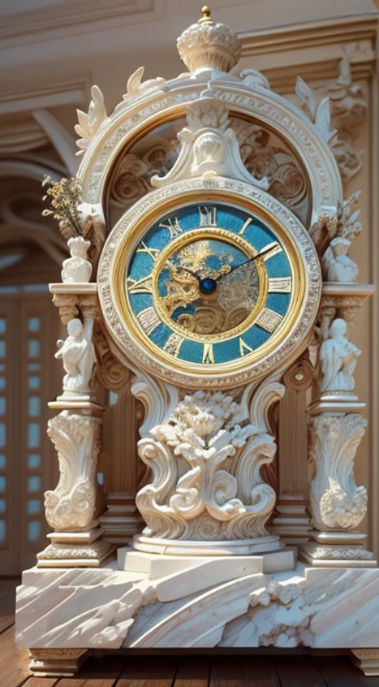 (8K, 16k, Award-winning, Highest quality, Highest resolution, Super detail, High detail, Anatomically correct, Masterpiece),Realistic full-body Greek white marble clock，Ancient chronometric mechanism, delicate craftsmanship , Rare and precious, The intricate details are realistic，Marble clock，detailed carvings,Ancient craftsmanship,shadows and light,Historical artifacts,Classic chronograph mechanism,Nostalgic,Charm,,Weathered beauty,Ancient clocks,Ageing gracefully,Stone carving and craftsmanship,Precise marking,Entwined vines and flowers,Backyard Point of Contact,ornate detail,A symbol of eternity,Harmony between past and present,Engraving calligraphy,artistic design+"]，A cinematic scene， 超詳細， Ultra photo realsisim， Bright lights， 8 k''