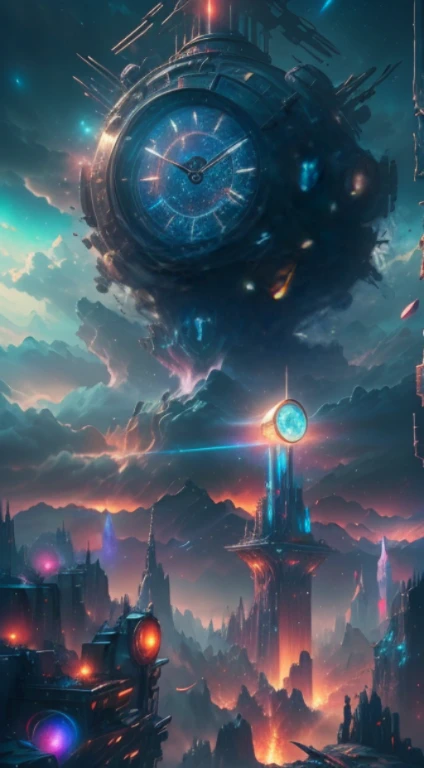 8K, 16k, Award-winning, Highest quality, Highest resolution, Super detail, High detail, Anatomically correct, Masterpiece),UHR, Clock in the starry sky,The timing mechanism of the future, delicate craftsmanship , A legendary digital clock, Rare and precious, Intricate AI, Smart clocks are made of a metal called orichalcum, There are no gemstones, (The inside of the smart clock is engraved with ancient characters: 1.2), Impeccable, Platinum, White, Gold and silver, Mysterious starry sky,cyber punk perssonage,high - tech,hyper realisitc,Sci-fi dreams,Advanced extraterritorial technology,Radiant light octane rendering is highly detailed,photography of:Brandon Woelfelmist,Surreal dreams,Surrealist art fantasy style,Epic digital fantasy art style,lute,hdr,Beautiful sci-fi art, Science-fi digital art illustration, Digital cyberpunk art, science fiction digital painting, futuristic digital painting, futuristic concept art, Sci-fi starry cyberpunk, Futuristic mysterious starry sky in front of the landscape, science fiction digital art, Advanced digital cyberpunk art, Fantastic cyberpunk clock,Epic digital sci-fi art,A cinematic scene, 超詳細, Ultra photo realsisim, Bright lights, 8 k''