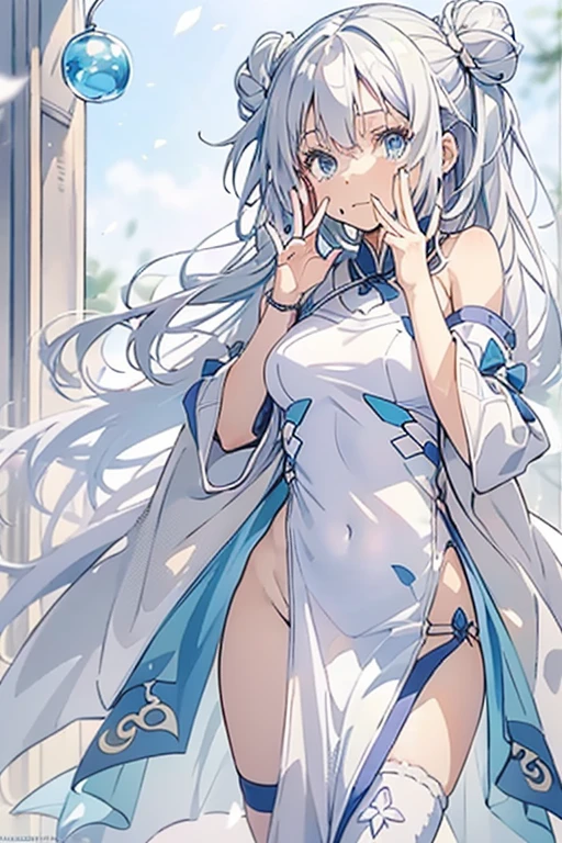(Pee、pissing、Pee、pissing),(Highest image quality, high resolution, Masterpiece, Masterpiece, Maximum level, high resolution) (Drawing: Whole body) (number of people: 1 person) (gender: Slender, Nice and beautiful girl) (age: , 10 years olor: Gorgeous white) (Hair color : Delicate white hair, Silver) (Hairstyles: Medium hair, Big buns) (face: Anime face, beautiful lovely) (Eyes: Deep and sparkling blue, slanty eyes) (Mouth: Slightly open) (Body type: Short stature, Slender, Medically correct, Young breasts, small ) (Limb shape: Slender, Medically correct limbs, 5 fingers) (Clothing: Short white cheongsam) (colors of clothing: Transparent, Transparent white ) (Clothing pattern: Intricate blue pattern) (Clothing movement: Waving in the wind) (Posture: Stand behind your back with your hands folded),(Clear crotch),virgina,,No underwear,No tights,ssee-through,camel-toe,Camel hooves,bottomless