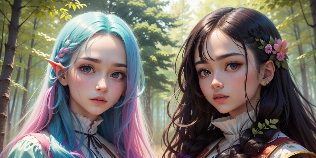 First, sorry my english is... weird, i learned english in France Today i wanted to try to create a picture where we can see two different characters on the field, detailed, long hair, vibrant colours, forest --auto --s2