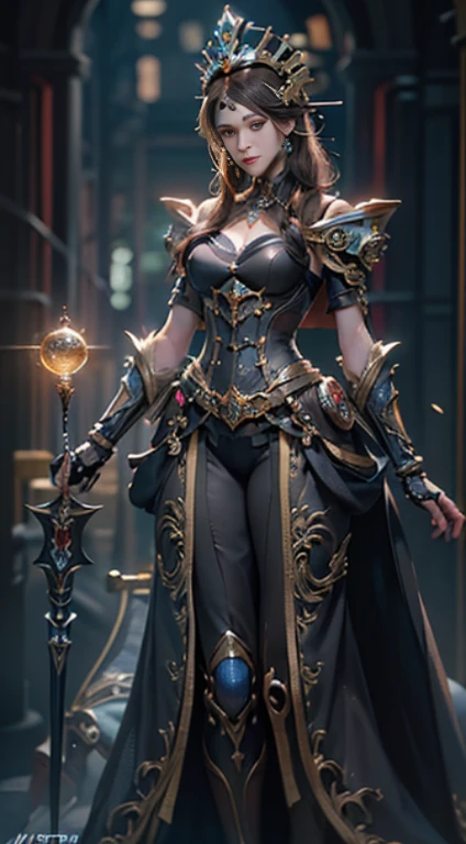 (((Masterpiece, top quality, super detailed))), (((One endless mage girl, 14 years old, radiating magic))), (((complex mechanical headgear, complex mechanical steampunk fashion and overdecorated gothic fashion and neon glitter cyberpunk fashion fusion of))), bust-up photos, ((((very detailed face))), (((very sharp focused eyes))), very large slit dark gray eyes that shine like jewels. Very long eyelashes, long dark hair in vertical curls, thick bangs, perfect princess cut, very gorgeous tiara, (((perfectly accurate human anatomy))), long neck, narrow shoulders, long slender arms, small breasts, very narrow waist, very small buttocks, long slender legs, (((overall accuracy has been dramatically improved, creating super detailed, realistic and realistic images)))), (((magic, magic spell light, magic weapon))), dynamic poses, cinematic lighting,