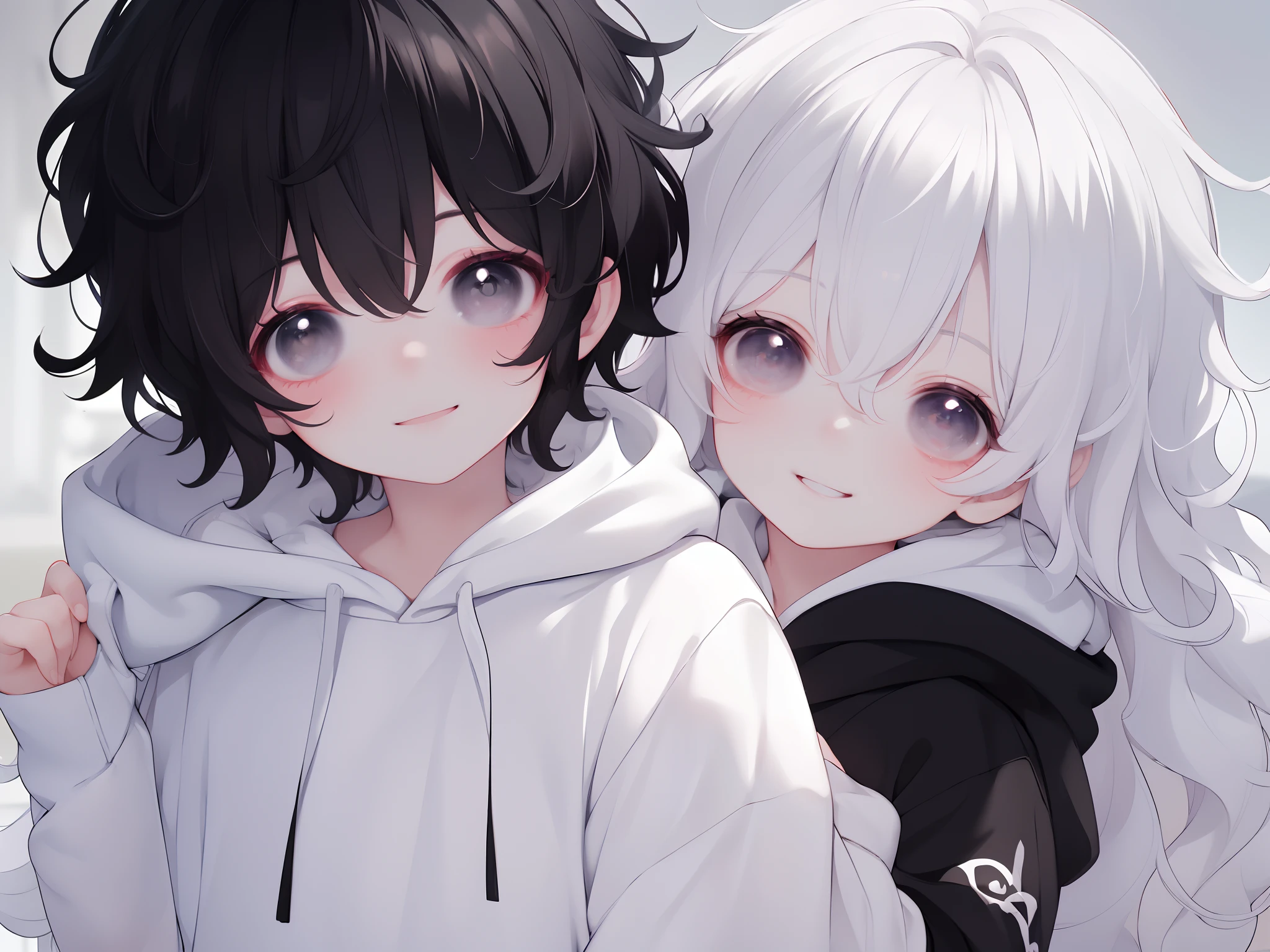 Masterpiece, Best quality, 8K resolution ，1womanl, ((wavy white long hair)), sweeping bangs, Black colored eyes, Smile, Modern clothes, Embrace one ((Boy with black messy short black hair and black simple hoodie)) From the front，white backgrounid