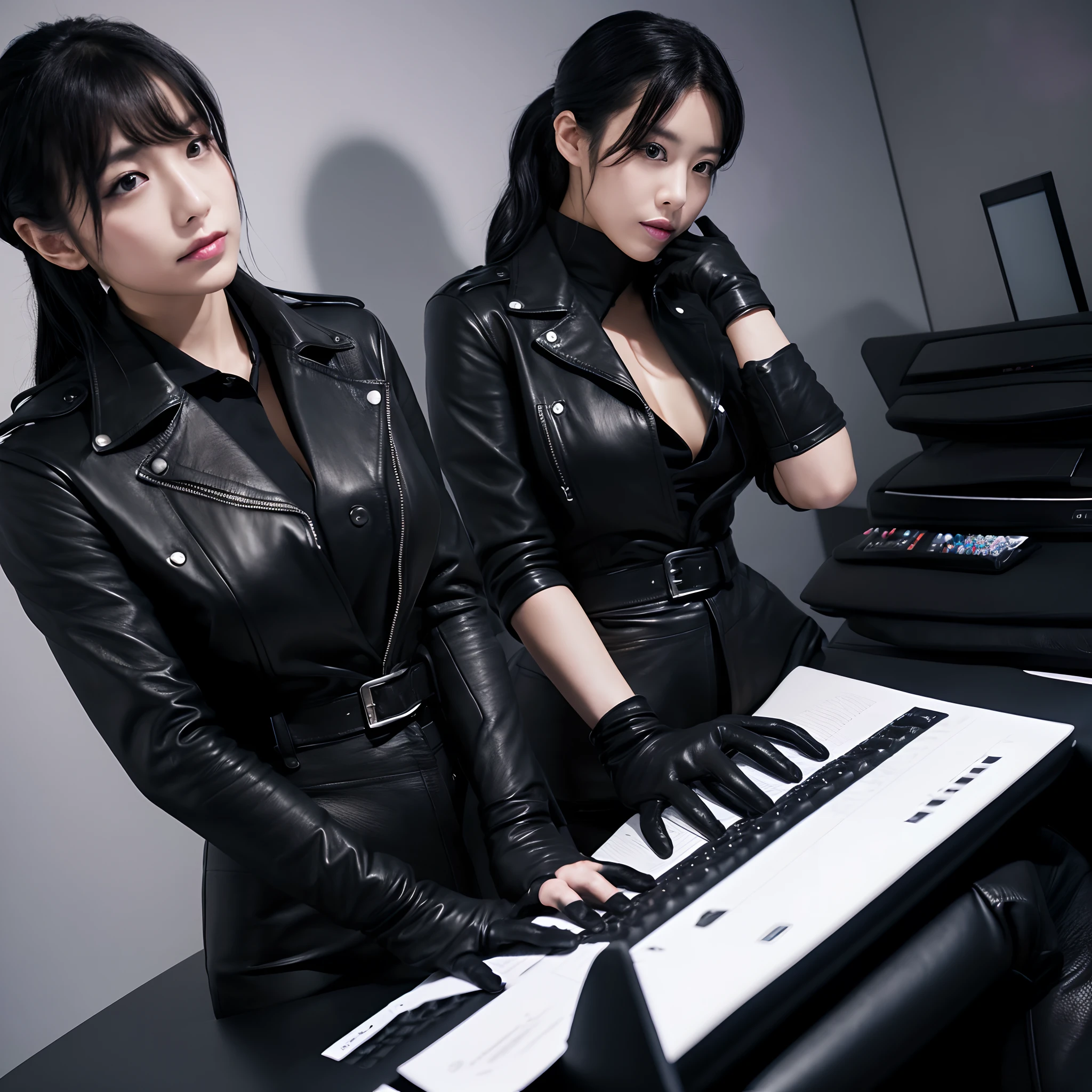 Black leather double rider's jacket, Office in the Dark, With the fingertips of the black leather gloves of both hands while looking at the screen、Tapping the keys on the keyboard of a black laptop on a desk,Sitting on a black leather chair、 Japan Female New Employees (Black leather gloves cover both hands) (The angle is sideways)、Black Leather Skinny Pants、Long black leather boots on both legs、Black hair ponytail ((He wears black leather gloves on both hands))