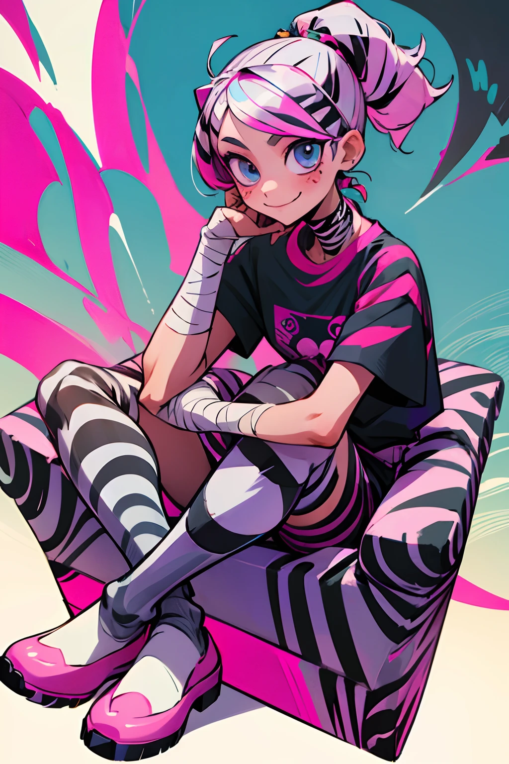 kpop anime girl, perfect face, tattoos on neck. bandages on hands, girl with pink mixed black zebra stripe style girl, cute pose, whole body style, sit pose, cute smile, in formal outfit, in tshirt, zebra stripe long socks