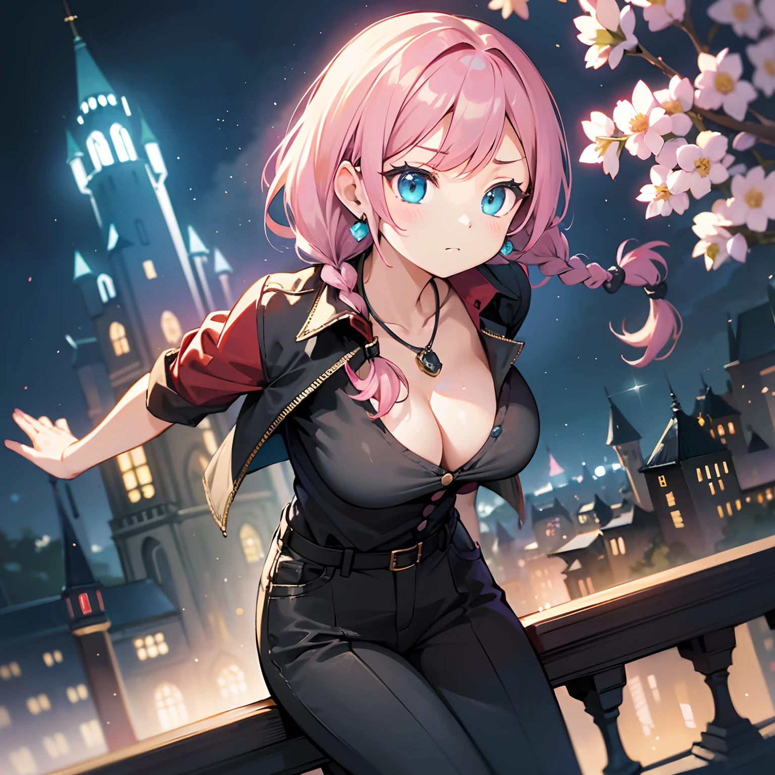 masutepiece,Best Quality,Colorful pastels in absurd high resolution, (Watercolor art: 1.3), (Selective Fairness: 1.4), BREAK, Beauty 1 person,Solo,(Cute:1.5),(Chibi:0.6),(kawaii:1.5),(Lori:0.5),BREAK,( girl),Very detailed,colourfull,highest details,Clear skin,Beautiful skin,Shy,Very detailed,colourfull,highest details,BREAK,Clear skin,Beautiful skin,Shy skin,1 beautiful girl,{Heterochromia,pale blue eyes,pale green eyes:1.5},star eye silhouette,BREAK,(Pink hair, Medium length:1.4),(Twin braids,A little curly hair,Single-sided twisted blade,Princess Cut:1.3),(cleavage of the breast,Big breasts,Beautiful breasts,Large breasts:1.5),(long eyelashes, Double eyelids:1.2),Solo,gleaming skin, Clear skin, Beautiful skin,(best quality face),(Top quality glowing eyes), BREAK ,(Vivid colors:1.3),
BREAK (red theme:1.4), (tucked out and button-up oversized red collared-shirt with red shirt-hem:1.5), (long sleeves:1.2), ((collarbone, wrist):1.3),
BREAK (black theme:1.2), (black tight long-pants:1.2), (ankle:1.3), (high heels:1.2), ((necklace, earrings):1.2),
, Romper,(early evening),Walking, (Fantasy,castle and town:1.5),(castle town,Beautiful building:1.3),(a person々way of life),(Flowers, Trees, Nature:1.3),romantic,(shopping street,street vendors:1.2),(Blue sky), Waterfall,depth of fields, BREAK,wakame,wakame,wakame,(Dynamic Angle:1.4), BREAK,(Blurry background:1.3),(absurderes, hight resolution, Super Detail Art),cel shading,Clear Color, Lonely optical effect, Beautiful pictures, Bright glow, mystic atmosphere,(Close-up of girl:1.1), Mystical light particle effect,manga influence, clean line drawings,