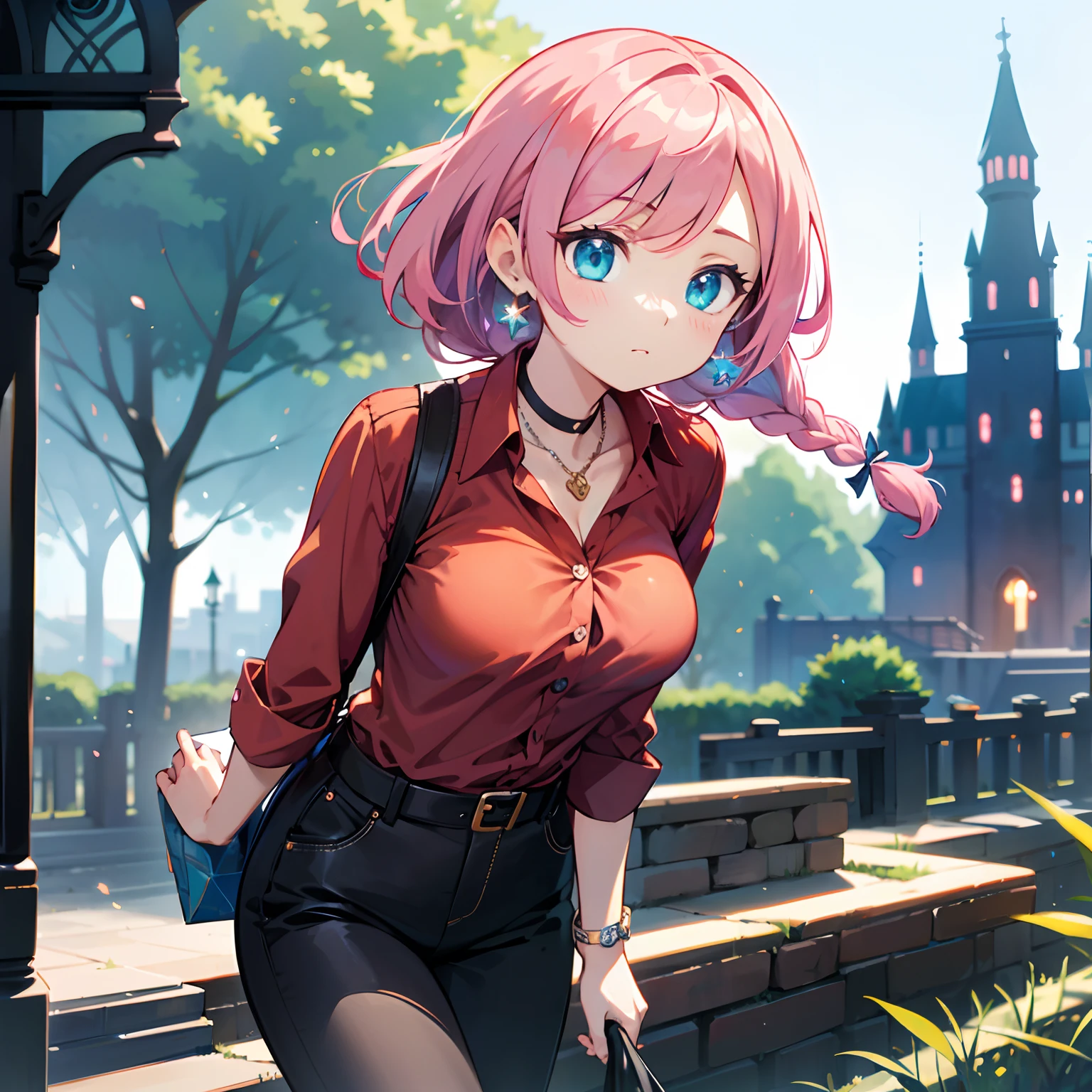 masutepiece,Best Quality,Colorful pastels in absurd high resolution, (Watercolor art: 1.3), (Selective Fairness: 1.4), BREAK, Beauty 1 person,Solo,(Cute:1.5),(Chibi:0.6),(kawaii:1.5),(Lori:0.5),BREAK,( girl),Very detailed,colourfull,highest details,Clear skin,Beautiful skin,Shy,Very detailed,colourfull,highest details,BREAK,Clear skin,Beautiful skin,Shy skin,1 beautiful girl,{Heterochromia,pale blue eyes,pale green eyes:1.5},star eye silhouette,BREAK,(Pink hair, Medium length:1.4),(Twin braids,A little curly hair,Single-sided twisted blade,Princess Cut:1.3),(cleavage of the breast,Big breasts,Beautiful breasts,Large breasts:1.5),(long eyelashes, Double eyelids:1.2),Solo,gleaming skin, Clear skin, Beautiful skin,(best quality face),(Top quality glowing eyes), BREAK ,(Vivid colors:1.3),
BREAK (red theme:1.4), (tucked out and button-up oversized red collared-shirt with red shirt-hem:1.5), (long sleeves:1.2), ((collarbone, wrist):1.3),
BREAK (black theme:1.2), (black tight long-pants:1.2), (ankle:1.3), (high heels:1.2), ((necklace, earrings):1.2),
, Romper,(early evening),Walking, (Fantasy,castle and town:1.5),(castle town,Beautiful building:1.3),(a person々way of life),(Flowers, Trees, Nature:1.3),romantic,(shopping street,street vendors:1.2),(Blue sky), Waterfall,depth of fields, BREAK,wakame,wakame,wakame,(Dynamic Angle:1.4), BREAK,(Blurry background:1.3),(absurderes, hight resolution, Super Detail Art),cel shading,Clear Color, Lonely optical effect, Beautiful pictures, Bright glow, mystic atmosphere,(Close-up of girl:1.1), Mystical light particle effect,manga influence, clean line drawings,