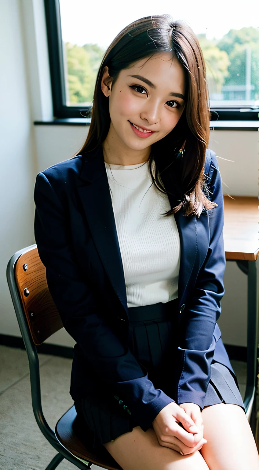 top-quality、facefocus、softlight、(depth of fields)、超A high resolution、(Photorealsitic:1.4)、RAW Photography、(Upper legs:1.4)、(From the front)、1日本人の女の子, 独奏, kawaii, (full of shyness, a smile:1.1), (brown-eyed), Description Beautiful face, (shorth hair)、High School Classroom、(sit a chair)、(校服:1.4、Navy skirt、Navy Blazer)