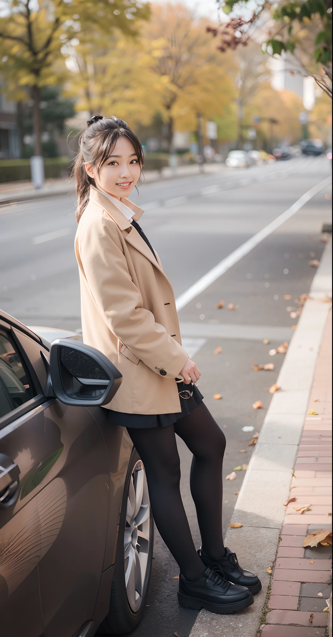 The woman sat in a car on the side of the road, f / 1. 9 6. 8 1 mm ISO 4 0, Young Asian girl, The girl was smiling,a cute young woman, short skirt and a long jacket, dressed with long fluent clothes, A young Asian woman, Young Asian woman, light brown coat, Chinese girl, young and cute girl, which stands on the street