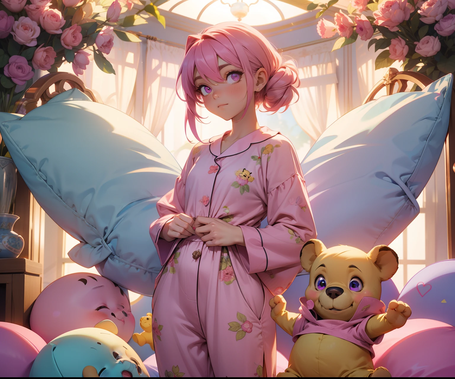 1 30 year old adult woman with long waist-length pastel pink violet eyes wearing a Mamluk Pajamas Single Piece for Adults, disfraz de dibujos animados (Winnie Pooh), ropa de dormir, huggies pijama, ropa de dormir para mujeres de color amarillo con rojo, hermosos detalles, hermosos ojos, gran calidad, 4k de fondo un cuarto gamer