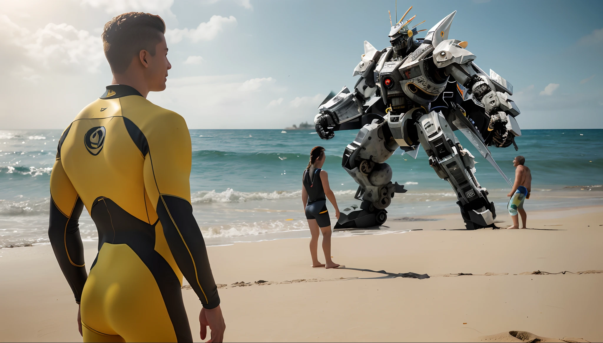RAW, Masterpiece, Super Fine Photo, Ultra High Resolution, Photorealistic, Sunlight, Full Body Portrait, latino hispanic young man wearing a full body, black and yellow wetsuit, slight manly buldge, black hair with blonde highlights, ponytail cyberpunk hairstyle, smiling face, open mouth, gold teeth, standing on a sandy beach facing the ocean, cybernetically enhanced, pigeoncore, neo-dadaist, mechanized precision, giant metal shark sharp teeth exposed falls from the sky, boats floating, people playing volleyball on the beach, children building sand castle in the background, swimming in the water, in the style of mecha sci-fi anime, 8k, best quality, highres, Unreal Engine:1.4,Ultra-realistic 64K CG, Photorealista:1.4, Skin Texture:1.4, Volumetric fog, 8k uhd, dslr, high quality, film grain, fair skin, photorealism, lomography, translucent