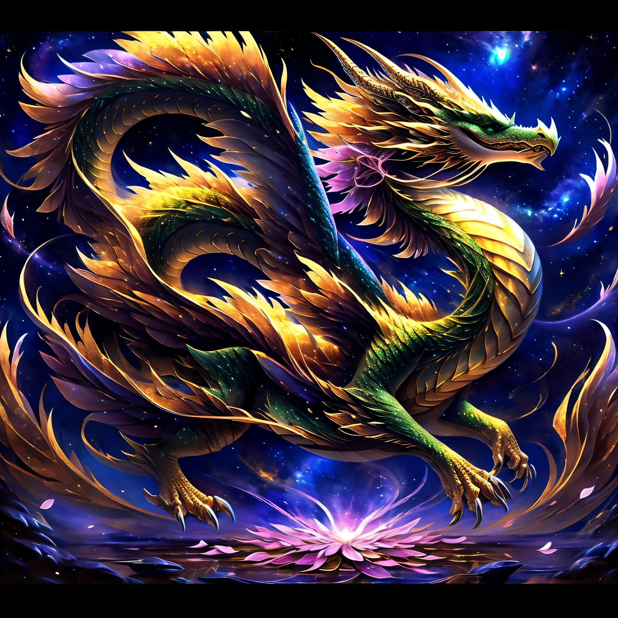(Realistic,Ultra-detailed:1.37) In the starry night sky, Solo Wooden Dragon Soars Gracefully, Its emerald scales shimmer in the moonlight. Sakura petals dancing and hovering around, Creating a surreal atmosphere. Moving through the sky. The intricate and delicate details of the wooden structure of the case are emphasized, Capture Every Curve and Line. The colors are bright and lively, Can be seen in full, with rich emerald shades of scales, Contrast with darkness, Star-studded sky. The artist's attention to detail is astounding, Each scale is meticulously crafted, to create a realistic texture. The scene exudes a sense of magic and wonder,.