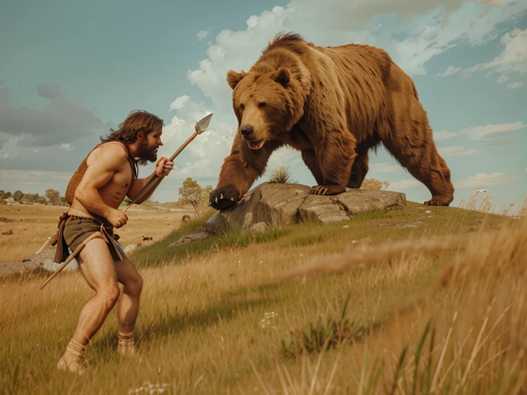 Caveman with spear, bear, grassy plain