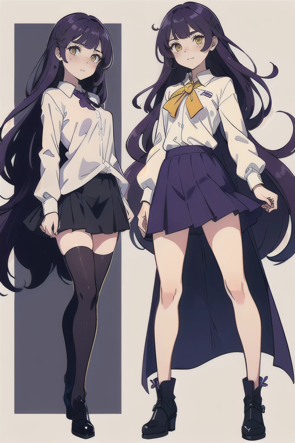 best quality, masterpiece, illustration:1.1), [[[1woman]]], ((Dark Purple hair)), yellow eyes, handsome, perfect body, perfect proportions, full body, full body pose, no background. idle pose. ((Blushing face)). shirt, skirt,