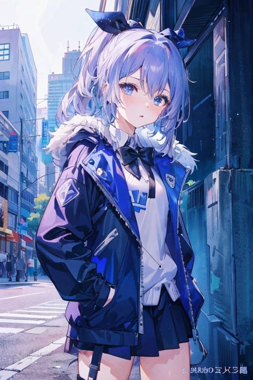 Anime girl in blue jacket and black skirt standing on a city street, style of anime4 K, Best anime 4k konachan wallpaper, Anime style. 8K, 4K anime wallpaper, cyberpunk anime girl in hoodie, anime moe art style, 4k manga wallpapers, Anime wallpaper 4 k, Anime wallpaper 4K, portrait anime space cadet girl