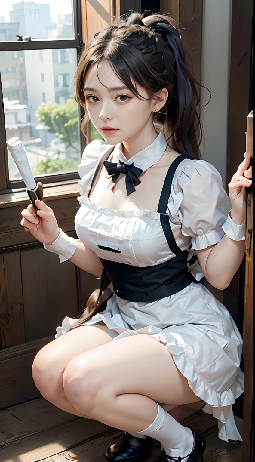 (skirt rift:1.8)、(masterpiece、top-quality、kawaii faces、Write、zettai ryouiki、thighs thighs thighs thighs、see the beholder:1.4)、a beauty girl、gardeniass、8k、EF 50mm、Official Art、Raw photo、absurderes、frombelow、is standing、(black thigh、Maids、Maid headdress、shortsleeves、frilld、a choker、maid apronl、puffy sleeves、wrist cuffs、grab skirt、self lift:1.3)、Depressed、Tearful eyes、(mournful、Angry:0.5)、 slender、small waist、thin arm、large full breasts、bedroom、face lights、Soft lighting、warm colors、film grains、chromatic abberation、foco nítido、naturey、Frankness、extremely detailed eye and face、(dark backgrounds、bokeh dof、blured background、Indigo Blue Detailed Lace Panties:1.2)