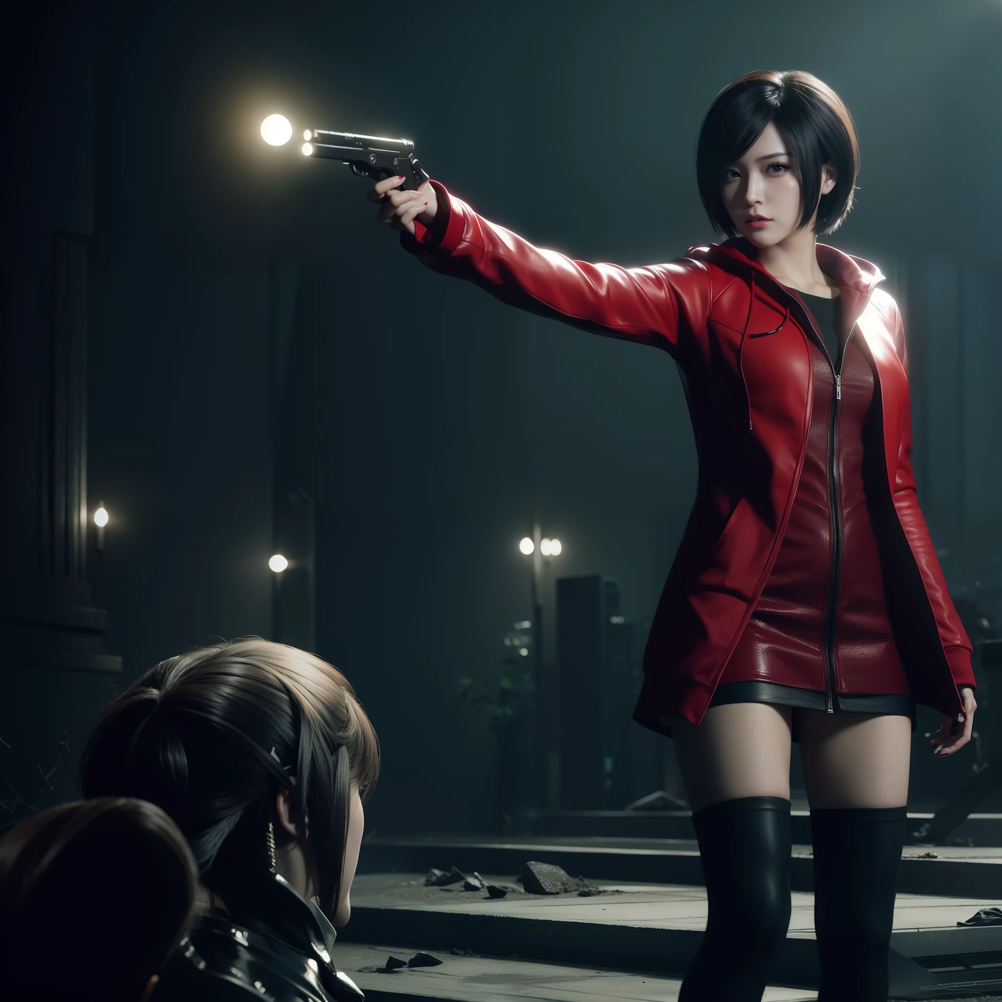 Ada wong, beautiful face, woman, bob hair, perfect Face, wearing mini red dress hoody, wearing hoody, black nail polish