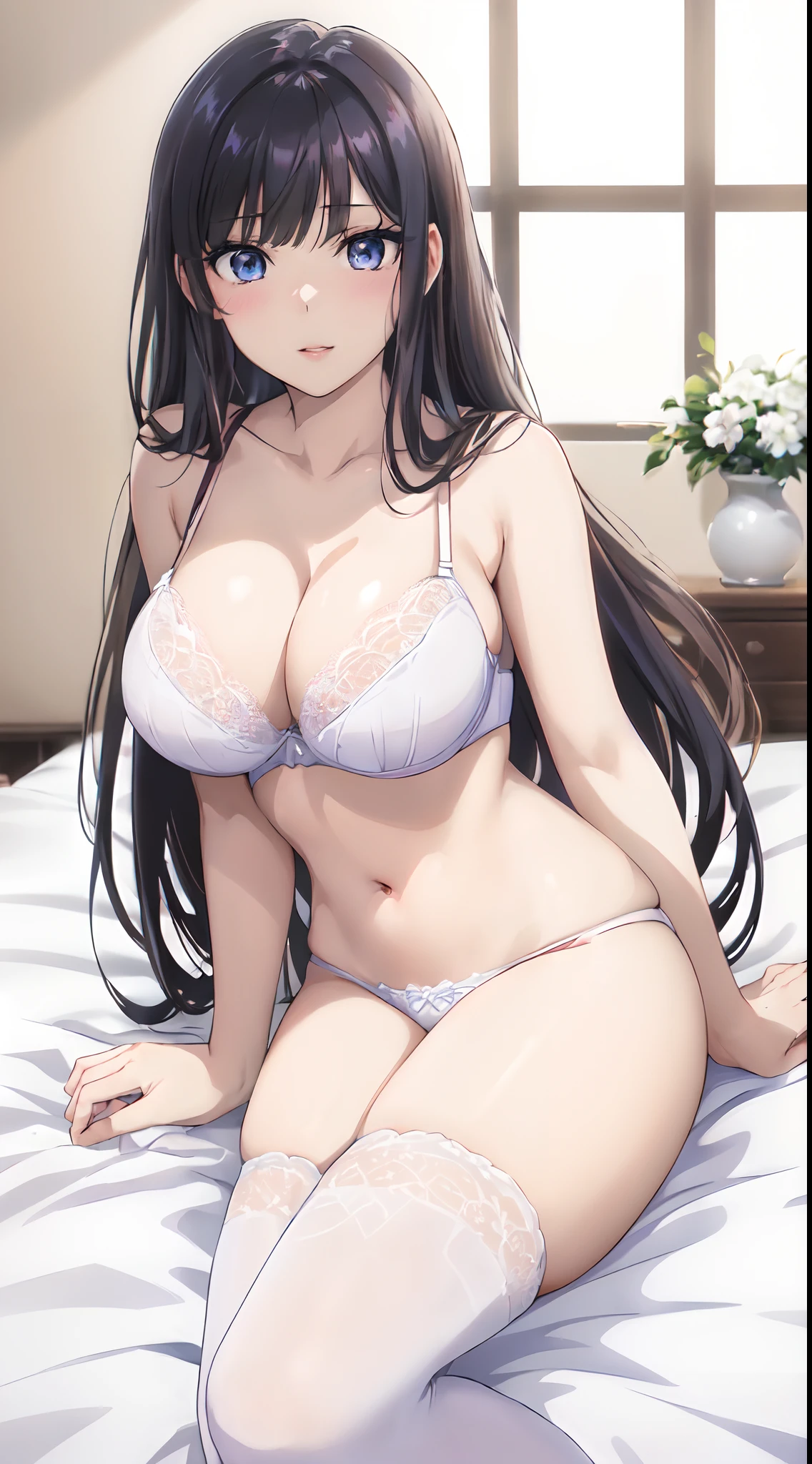 (masutepiece:1.5),(View from below:1.4),(brightly lit room:1.3),Perfect female body,vivd colour,Perfect litthing,(Light from the front,Light shines on the face:1.3),(very precise details,Ultra High Resolution,the Extremely Detailed CG Unity 8K Wallpapers:1.5),(Realistic,Photorealsitic,hyper realisitic:1.5),(Curve,Model,glamor:1.5),Beautiful breasts,Farbe_aberration,beautiful detailed shadow,Beautiful eyes,Beautiful body,Beautiful skin,beautifull hands,(Aesthetic Anime Eyes:1.4),shinny hair,(A dark-haired:1.5),(Long straight hair:1.5)、(ssmile,red blush:1.4),Girl sitting,(Exquisite cloth,white brassiere,Highly detailed bra,Rajbra,Ren Hao,Lace-trimmed bra,Lace-trimmed legwear:1.4),(White underwear on top and bottom:1.4),Large breasts,Bedroom、on the beds、sitting on、Hands behind the head、Beautiful breasts、、white hair ornament,blue eyess,animesque,(Slightly open mouth:1.0),(s lips:1.4),
anime girl with a big breast, Seductive Anime Girl,anime moe art style, oppai, Anime Best Girl, Smooth Anime CG Art, marin kitagawa fanart, Ecchi anime style, beautiful alluring anime teen, beautiful alluring anime woman, Ecchi, charming anime girls, official anime still,(White underwear on top and bottom:1.4),yokozuwari,