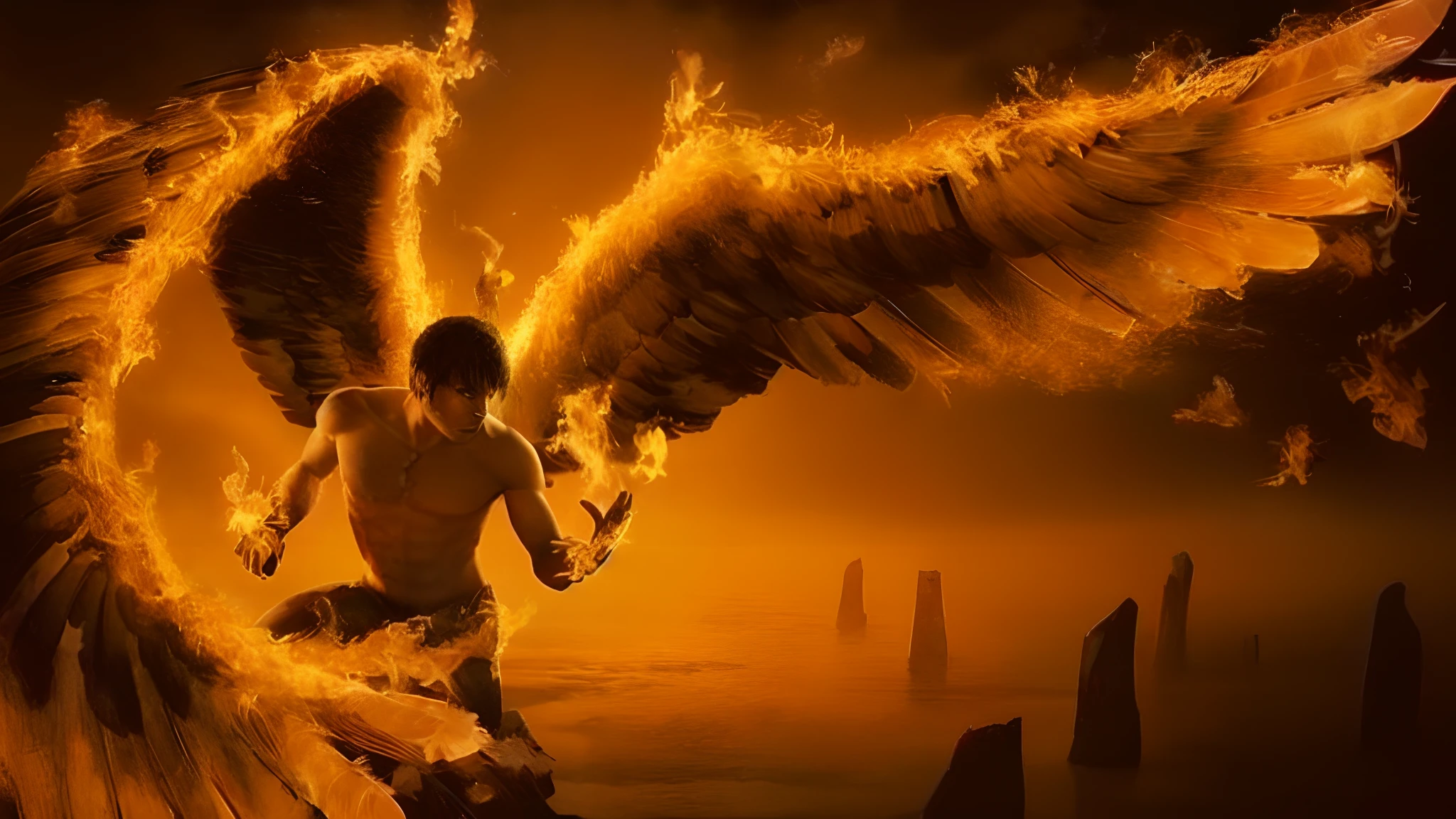 um close up de uma homem com asas em chamas em uma rocha, Phoenix man rising from the ashes, Anjo no inferno, Phoenix angel man on the rise, homem com asas douradas ardentes de chama, Phoenix Man on Fire, para compreender o inferno ou ir angelical, para compreender o inferno ou voar angelical, homem asas em chamas, homem com asas douradas ardentes, homem asas de fogo, homem Asas de Fogo, imagem artistica epica, imagem cinematografica, imagem dramatica estilo super heroi, anjo imagem cinematografica dramatica.