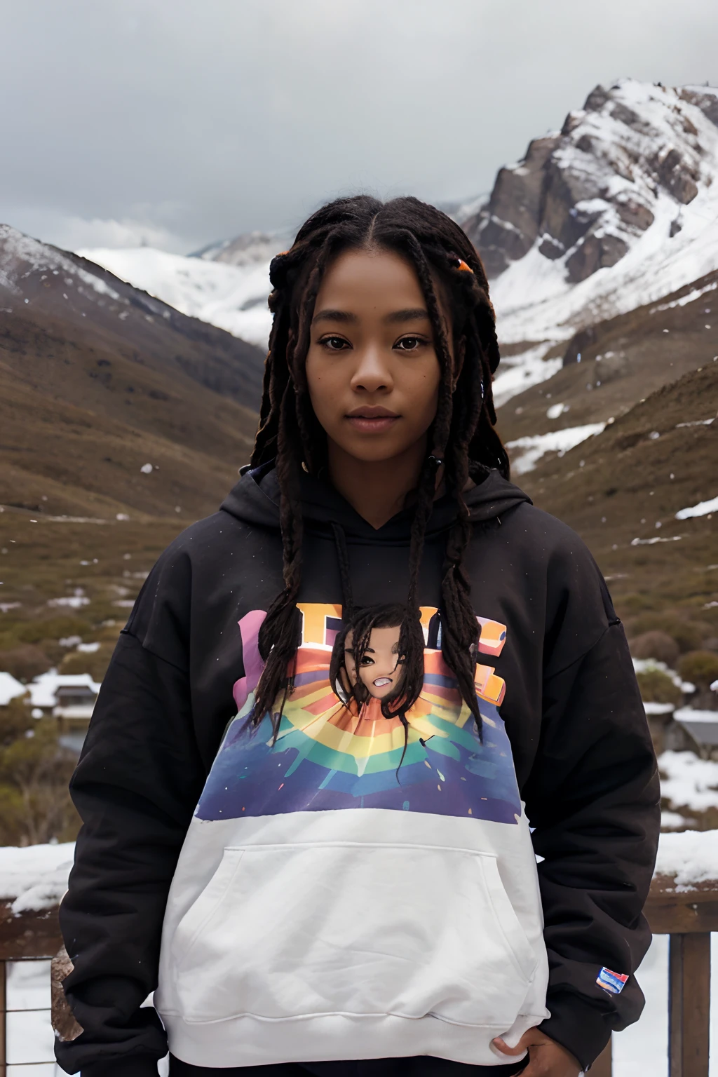 dark skin, Asian, girl in sweatshirt, rainbow dreads, brown eyes, cute expression on a snowy mountain