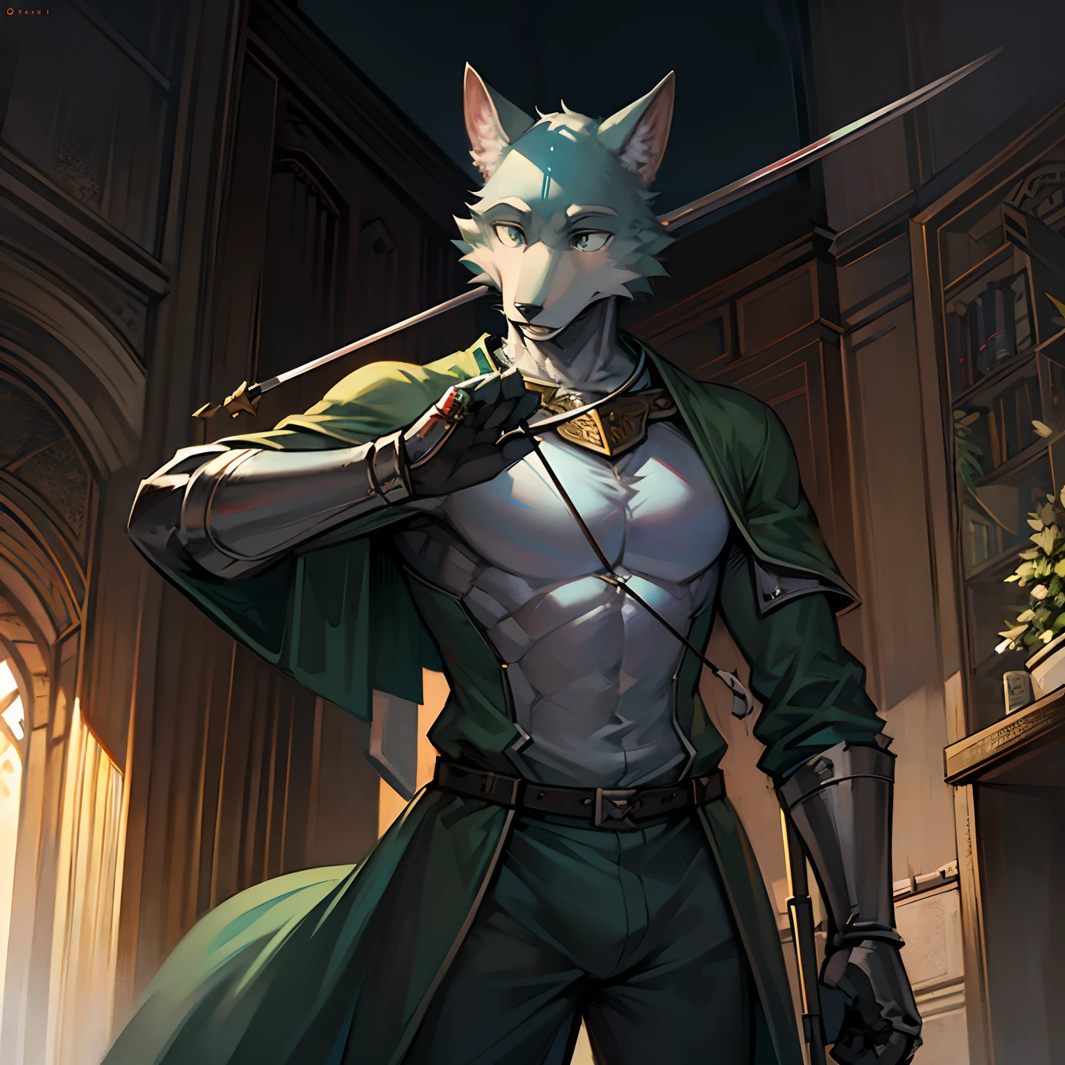 create me an image of legoshi from Beastars as a archer wearing paladin armor holding a sword