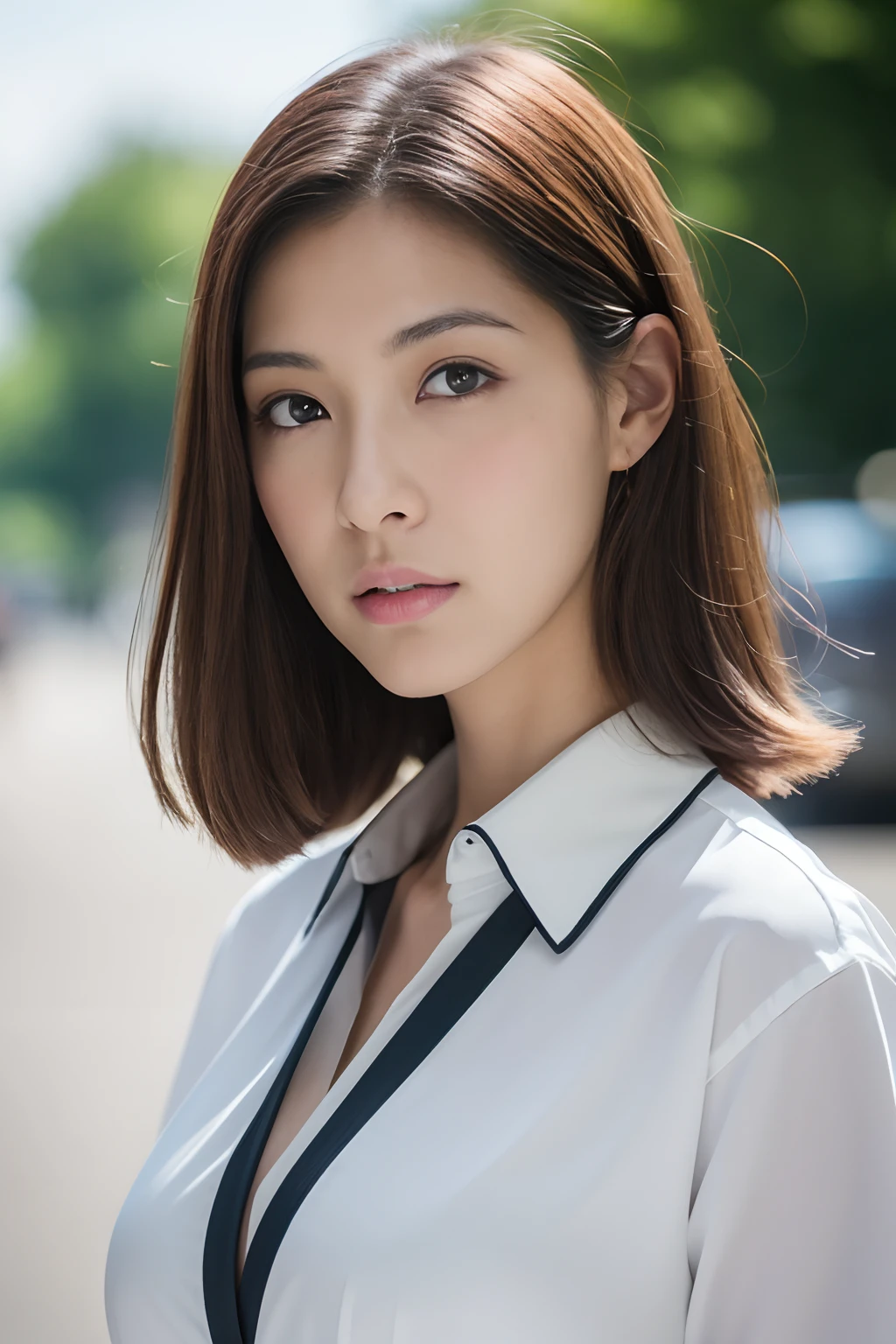 ((Best Quality, 8K, masutepiece :1.3)), Sharp Focus :1.2, Perfect figure beautiful woman:1.4, Slim abs:1.2, ((dark brown hair, Colossal tits:1.2)), White collared shirt,Not exposed,(Natural light, the city street:1.1), Highly detailed facial and skin texture,A detailed eye,二重まぶた、ultra gigantic tits