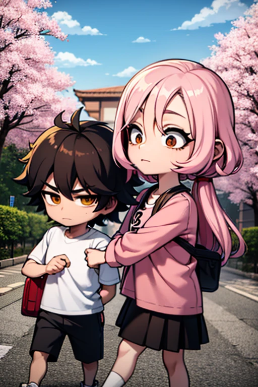 A pink haired woman with violet eyes is hugging an orange haired man with orange eyes and orange fox ears underneath a row of cherry blossoms