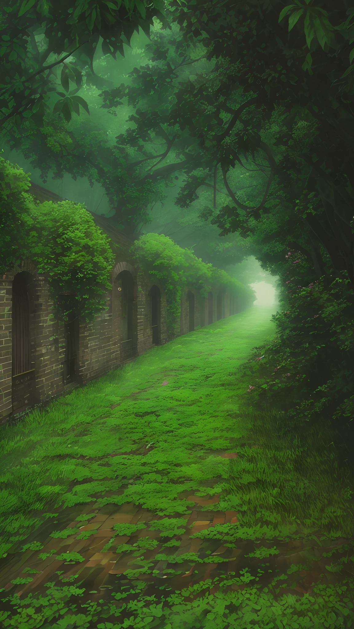 There is a brick road, misty alleys, green alley, in the middle of nature fully covered, misty alley, dense with vegetation, rainy and gloomy atmosphere, covered with vegetation, day after rain, green alleys, walls are covered with vines, in the rain in the early evening, hedges, just after the rain