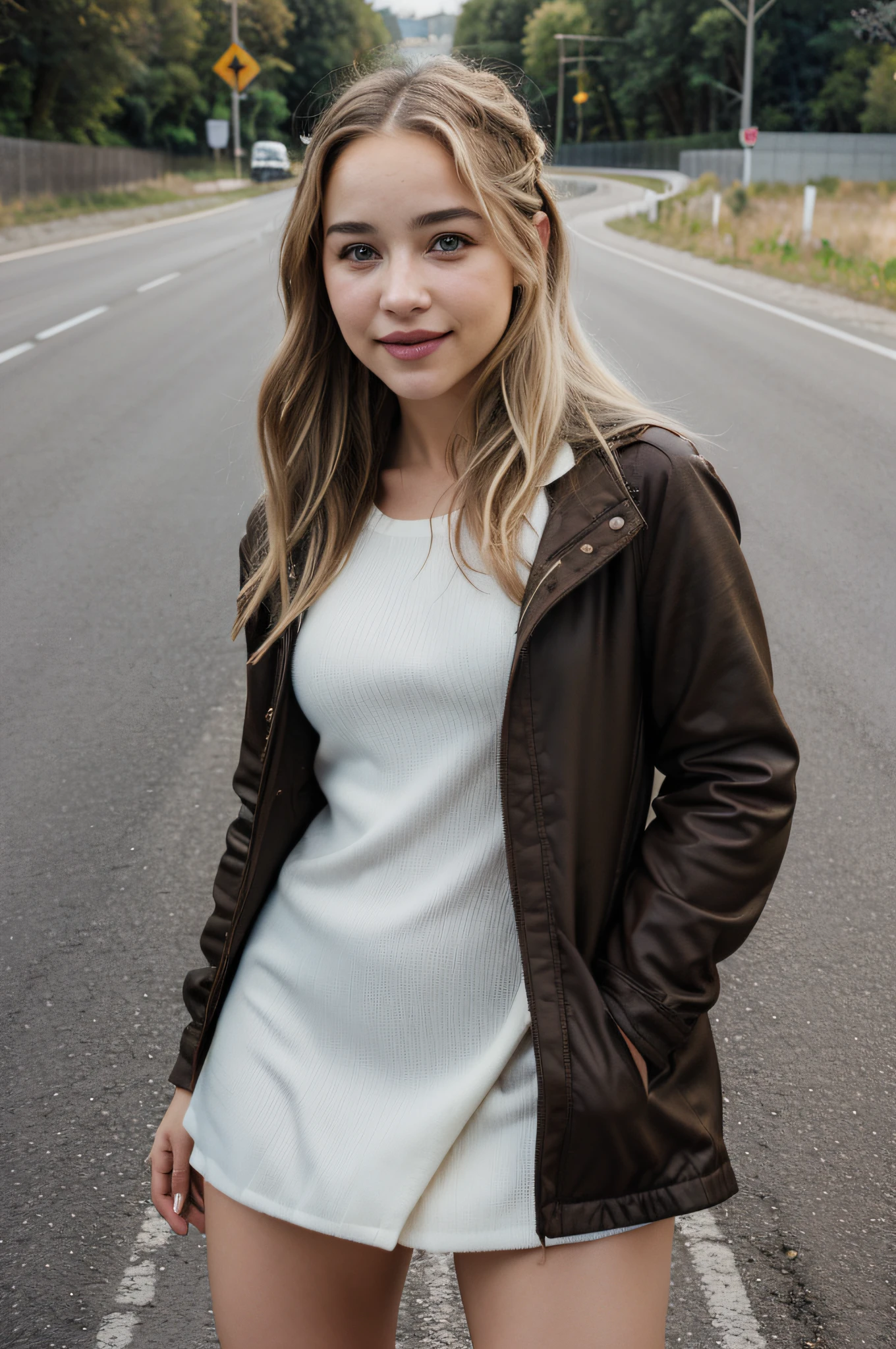 a European woman similar in appearance to Emilia Clark, fitting the trend of the most beautiful women, blonde, brown eyes, smile, name is Natalia, model, road photo