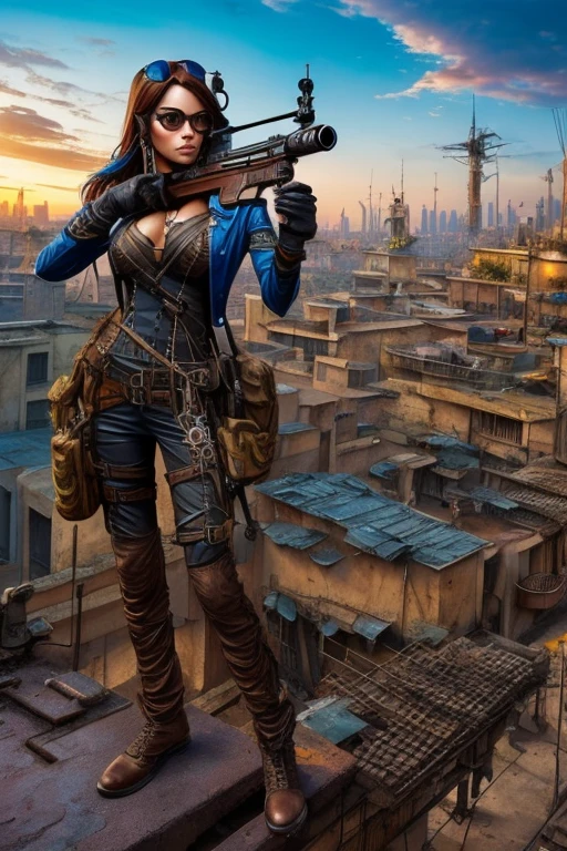 Arte em cores estilo Alex Horley, Soldado mulher Sniper Steampunk discreto, corpo inteiro, farda Azul alinhada, in action, top of a building, Steampunk city scenery, , imagens ultra HD