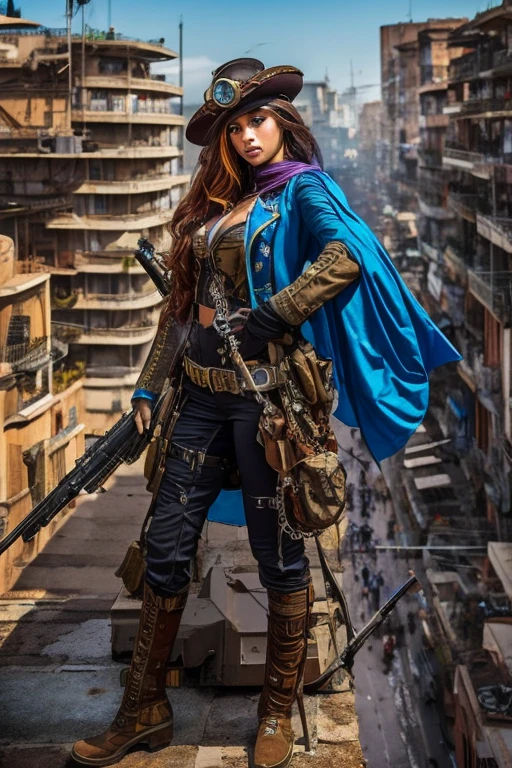 Arte em cores estilo Alex Horley, Soldado mulher Sniper Steampunk discreto, corpo inteiro, farda Azul alinhada, in action, top of a building, Steampunk city scenery, , imagens ultra HD