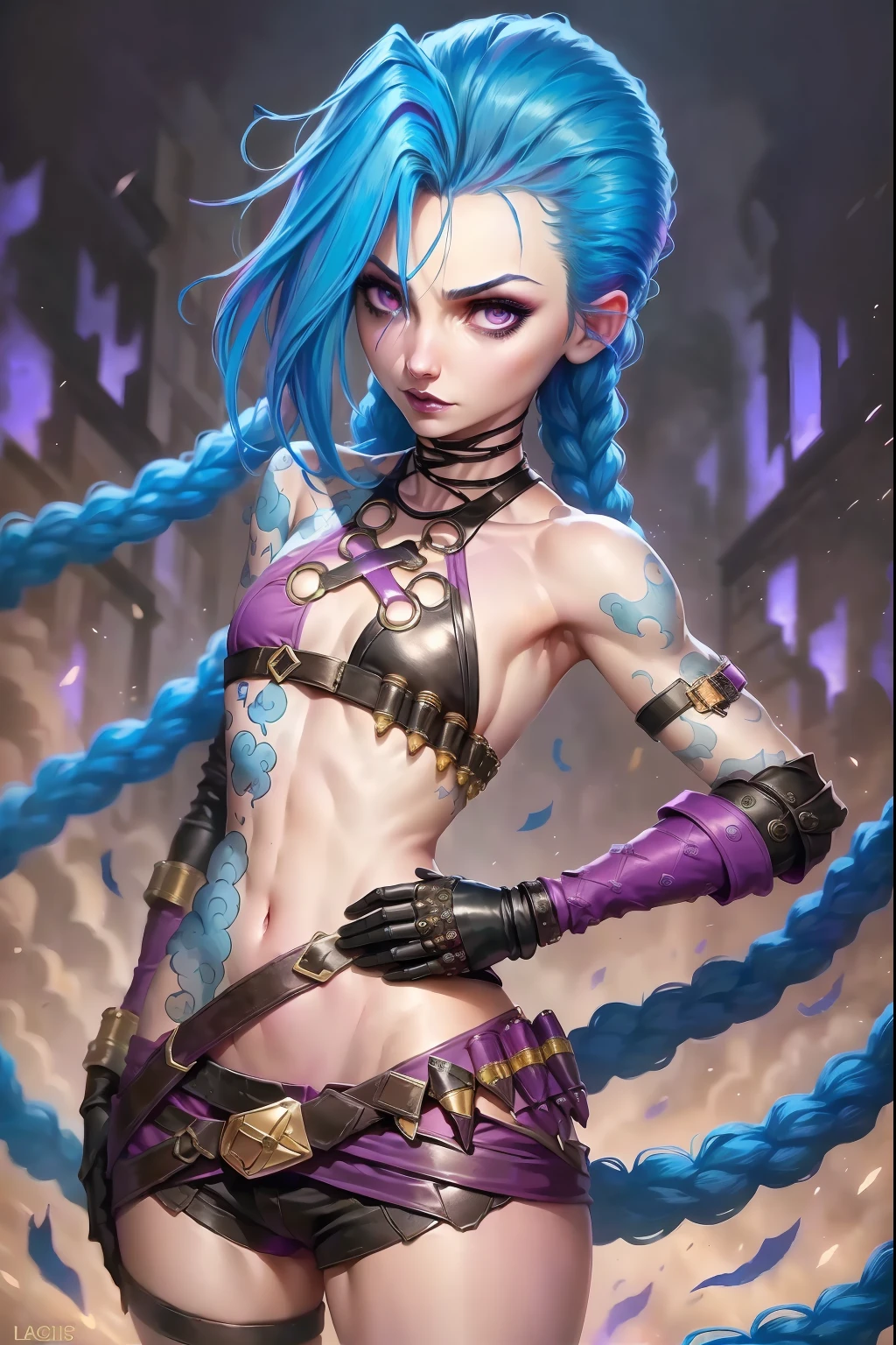 ((Best quality)), ((masterpiece)), (highly detailed:1.3) (league of leagends) Jinx, lol, sexual seduction look, in black bikini, looking at the spectator, moist body, big action packed explosion in the background, sensuality in the body, small chest, tight bikini, tight small shorts, big bullet holster belt around her waist, purple iris, provocative, tattoos, breast beak marking, perfect hand with 5 fingers, prime work, best quality, all fingers of the hands
