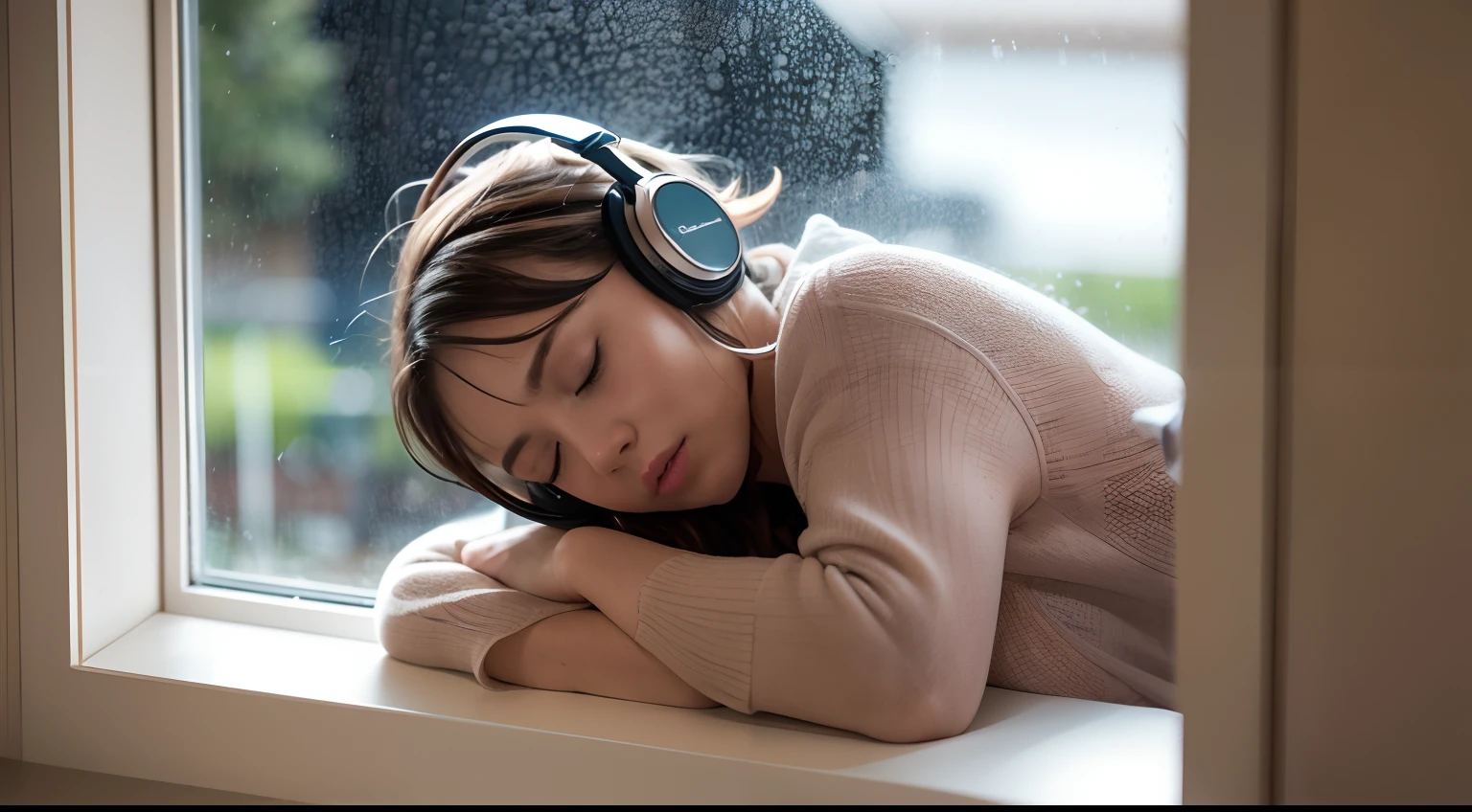 Woman sleeping in front of bedroom window wearing headphones and it's raining