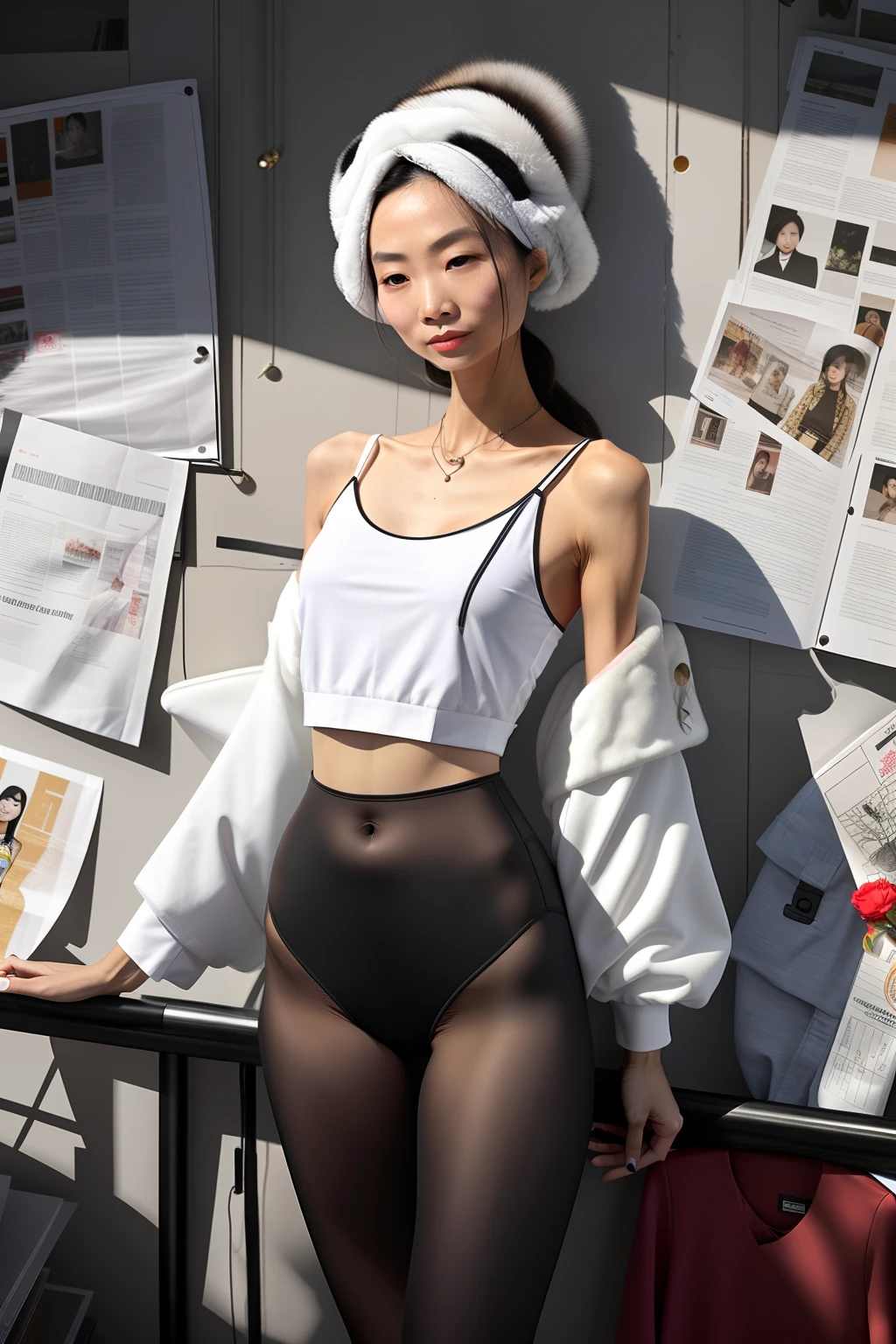 Extremely thin woman, A thin body,Protruding sternum,The waist is slender,The ribs are noticeable,Protruding ribs,The pelvis is very pronouncedly protruding,The pelvis is markedly elevated,White skin of the,Thin shoulders,Very slim waist,Extremely skinny,Sunken abdomen,Skin and bonegard face,Wear a fur coat,Asian face,The body is as thin as a skeleton,There is no fat in the abdomen