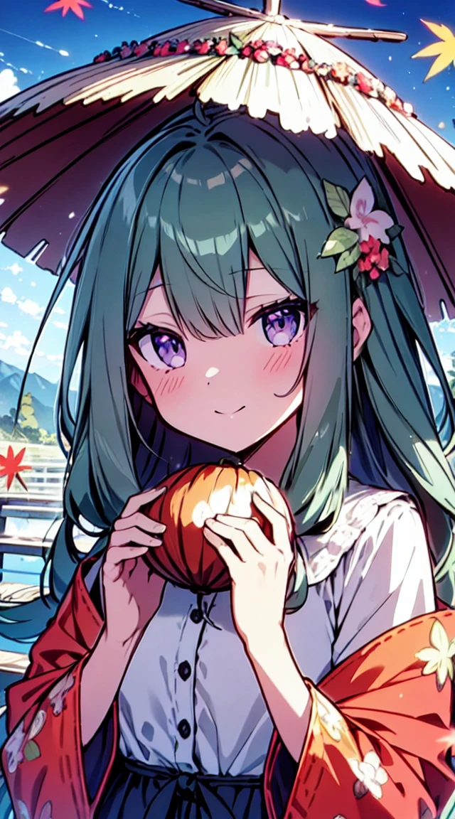 masutepiece, Best Quality,Illustration, Wallpaper, ultra -detail, Absurd beauty, 1beautiful girl、Bright hair color、Glitter and big eyes、Hair fluttering in the wind、♡、Smaller head、Autumn landscape、miscievous smile