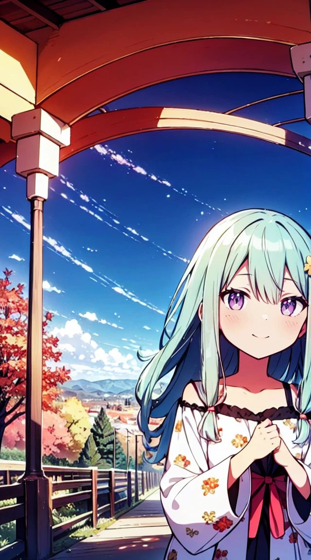 masutepiece, Best Quality,Illustration, Wallpaper, ultra -detail, Absurd beauty, 1beautiful girl、Bright hair color、Glitter and big eyes、Hair fluttering in the wind、♡、Smaller head、Autumn landscape、miscievous smile