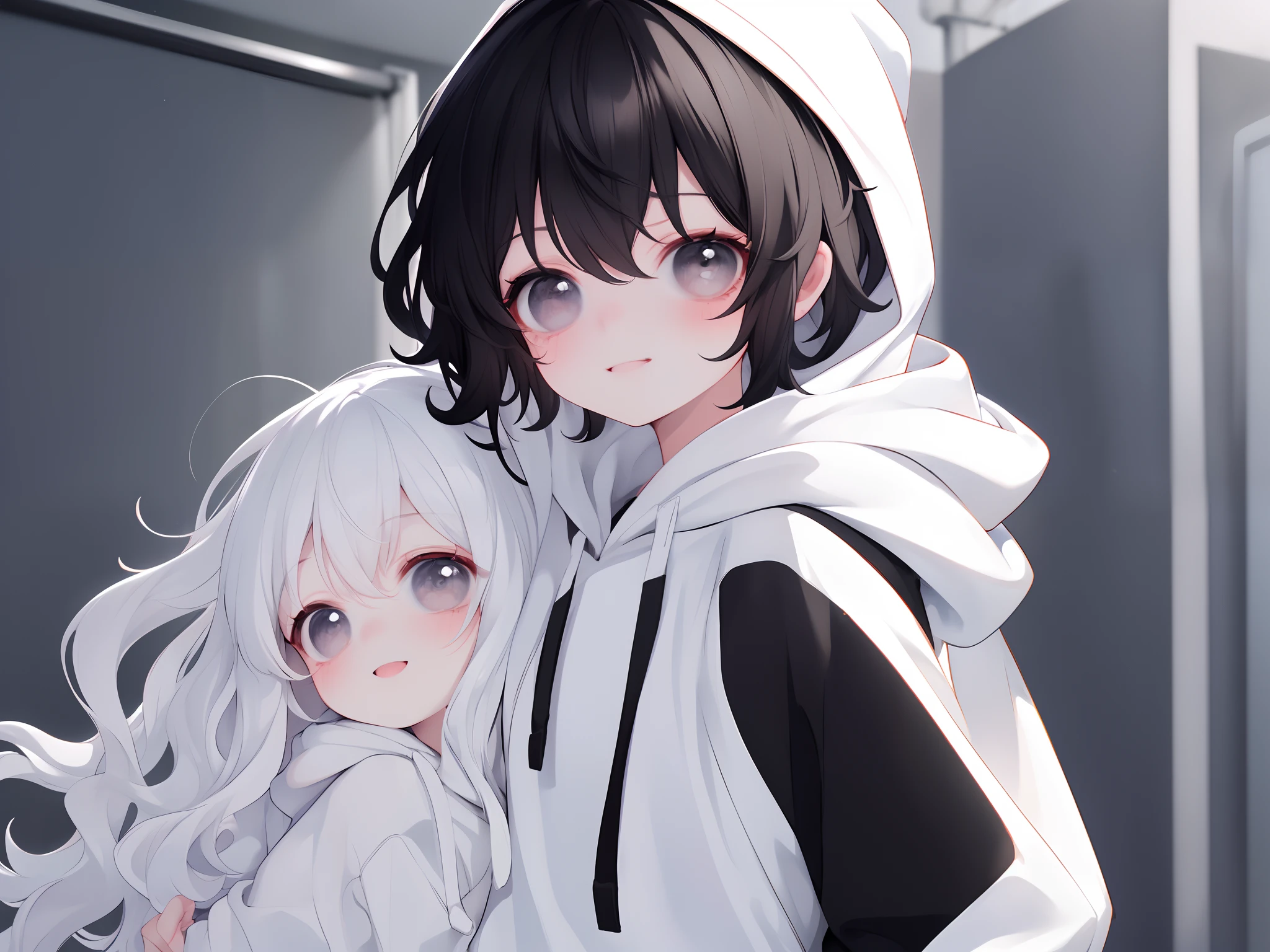 Masterpiece, Best quality, 8K resolution ，1womanl, ((wavy white long hair)), sweeping bangs, Black colored eyes, Smile, Modern clothes, Embrace one ((Boy with black messy short black hair and black simple hoodie)) From the front，white backgrounid