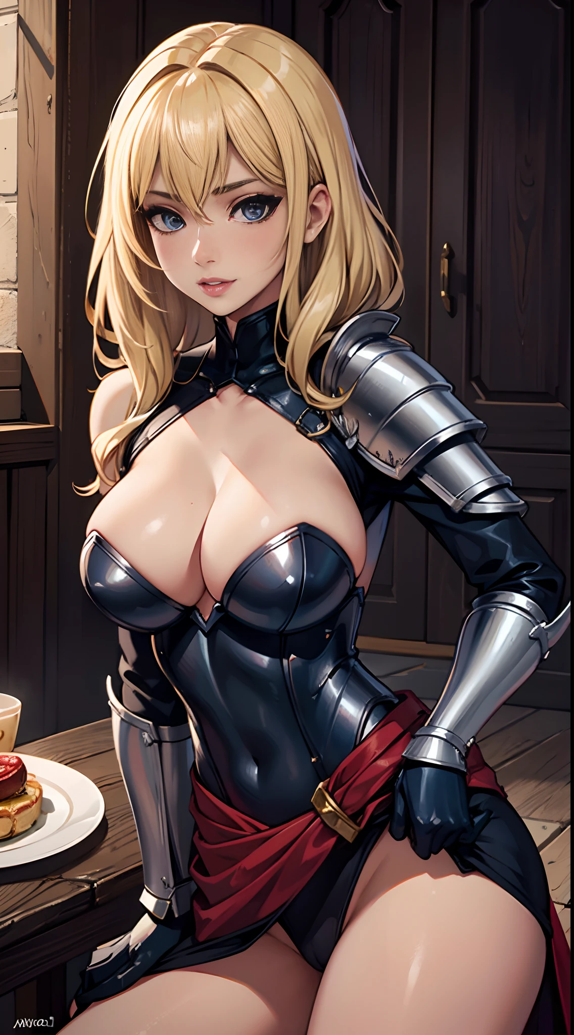 blonde Female knight, plate armour, cleavage, lewd, sexy, erotica